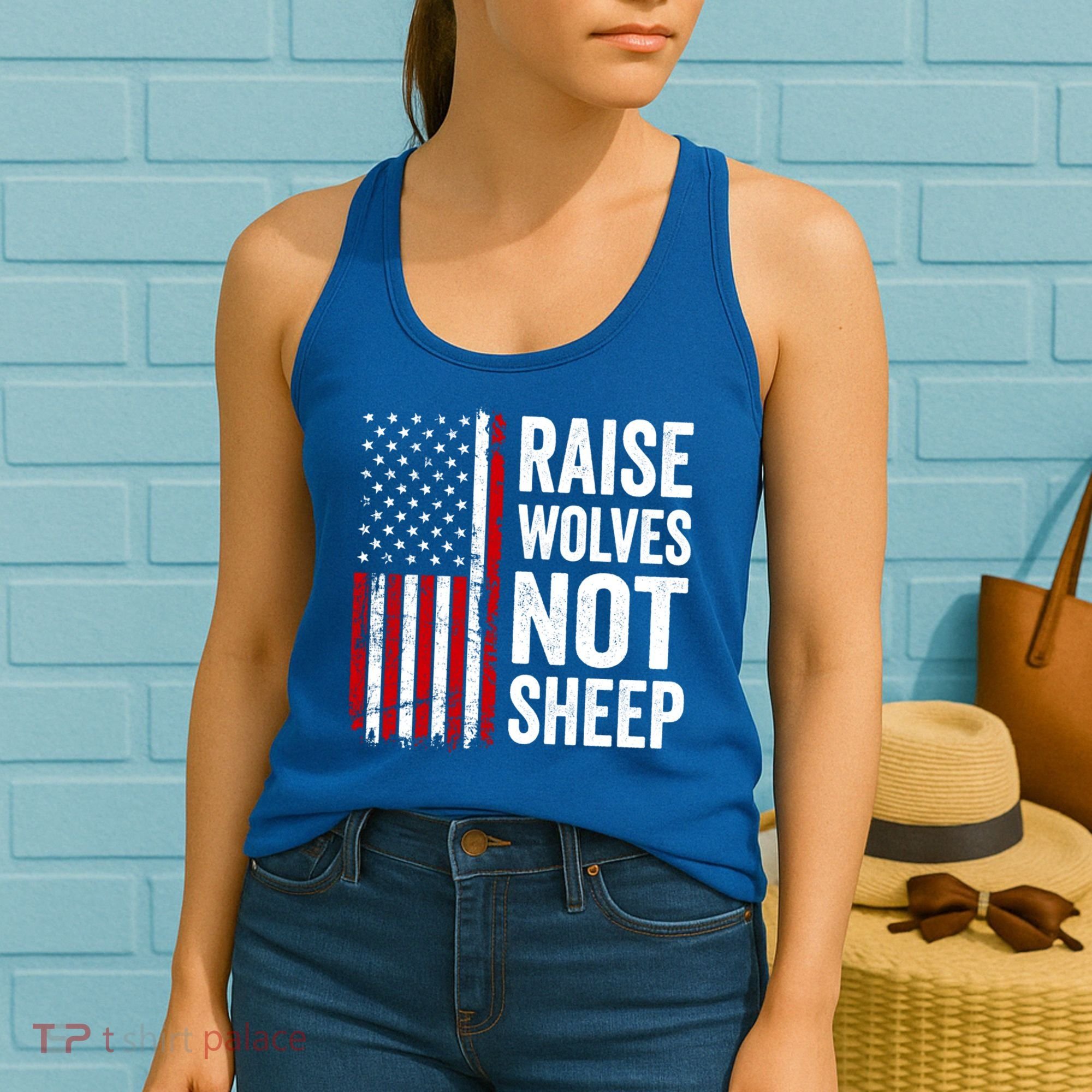 Raise Wolves Not Sheep Gift American Patriotic Usa Flag (Back) Gift Women's Tank Top