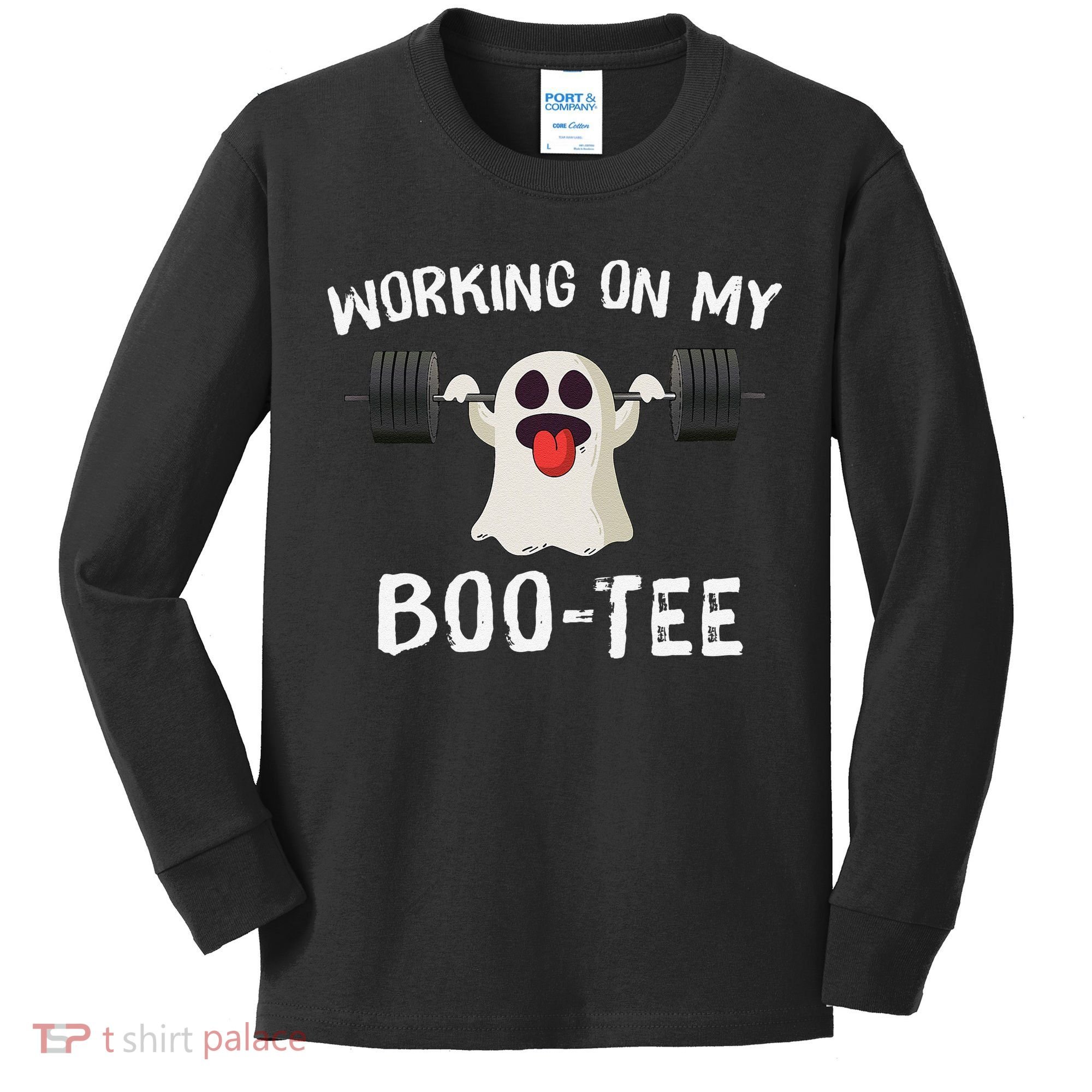Retro Working On My Booty Cute Funny Boujee Ghost Halloween Kids Long Sleeve Shirt