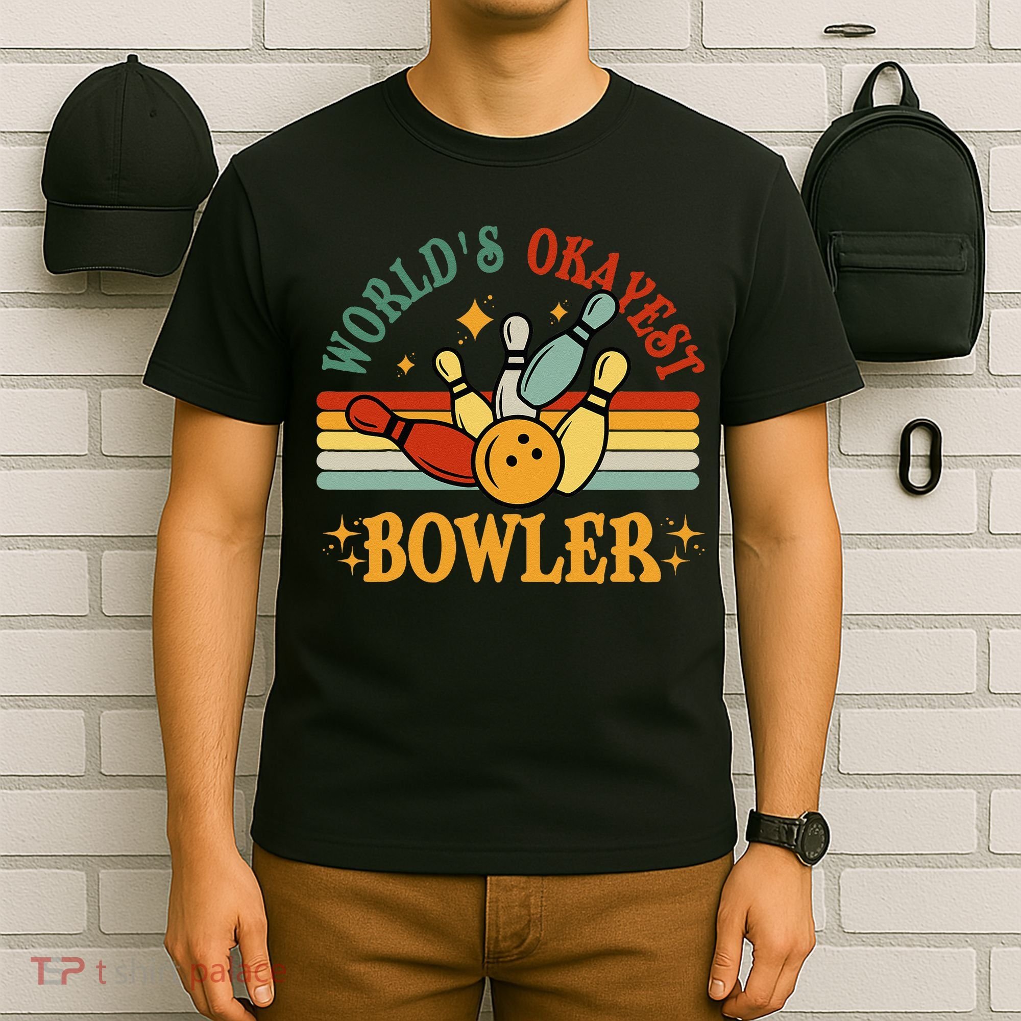 Retro Worlds Okayest Bowler Funny Men Women Mom Kids Bowling T-Shirt