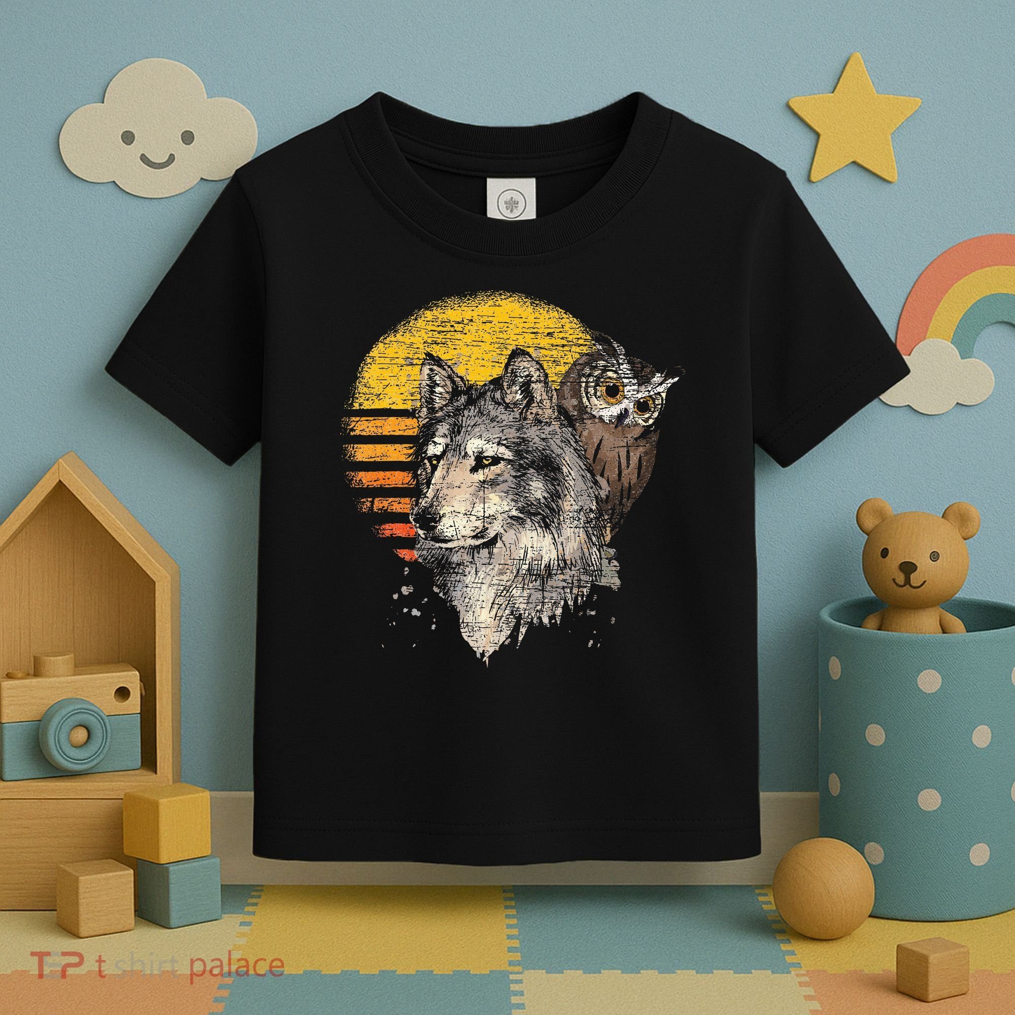 Retro Wolf Owl Toddler T-Shirt