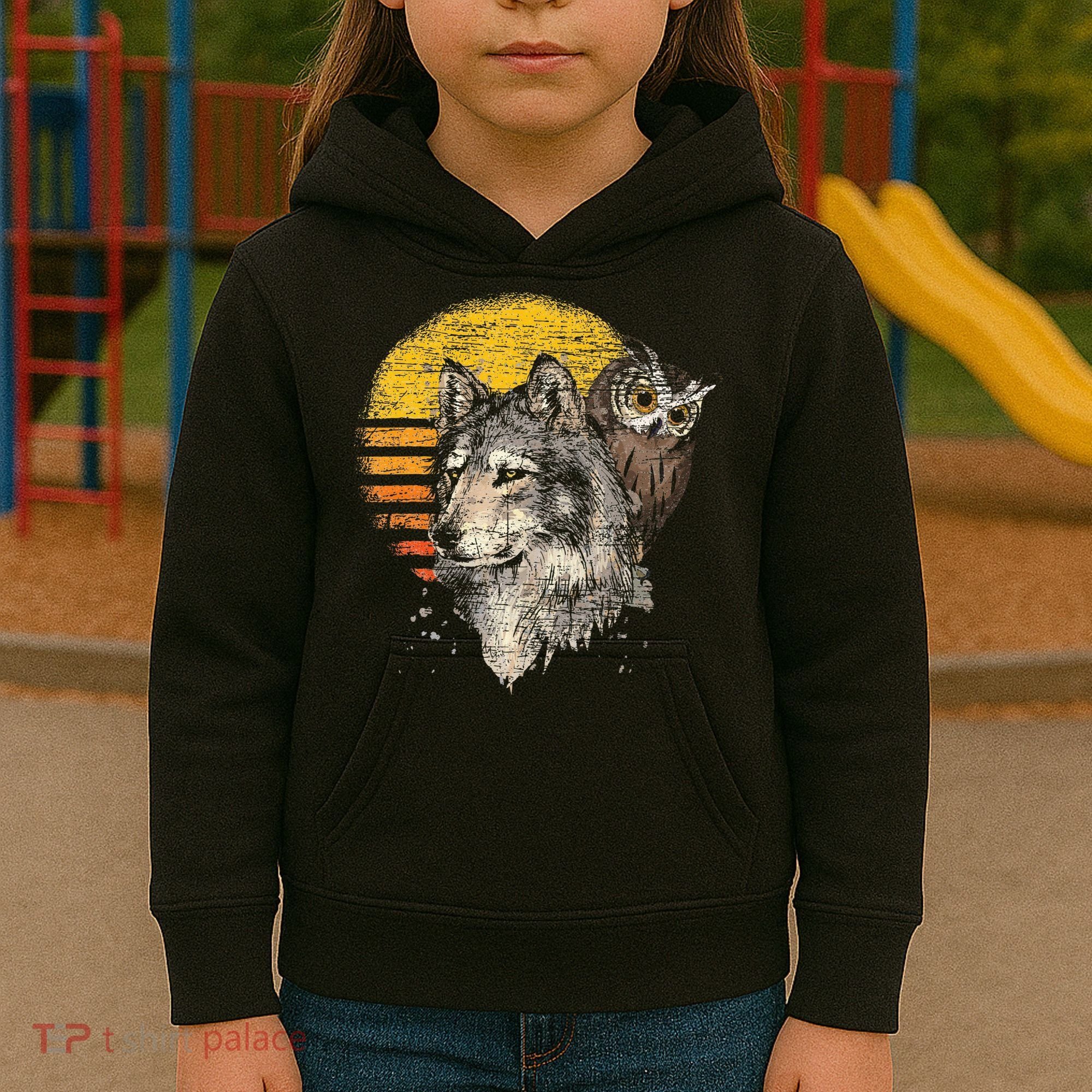 Retro Wolf Owl Kids Hoodie