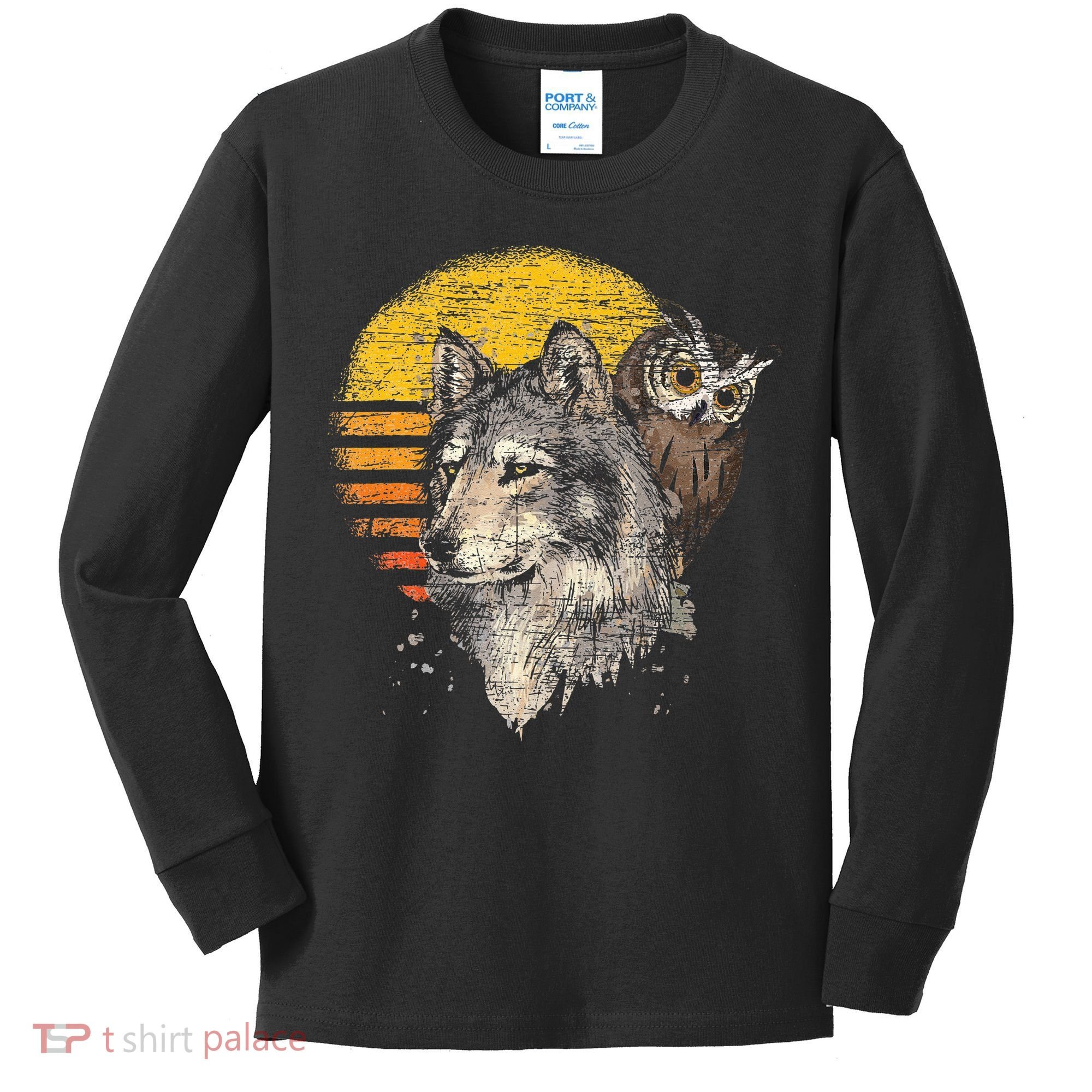 Retro Wolf Owl Kids Long Sleeve Shirt