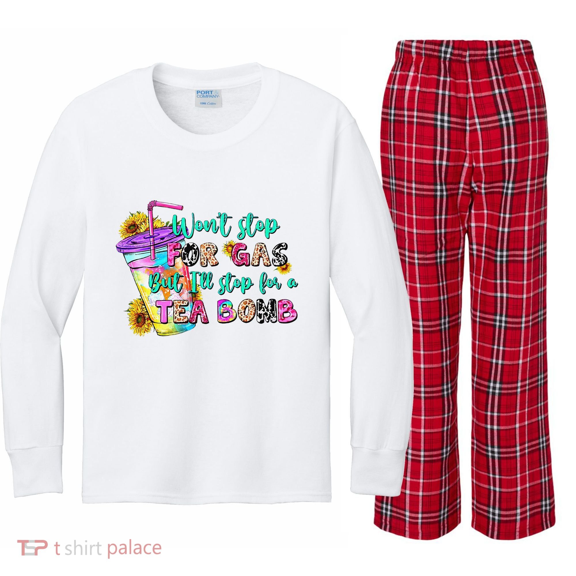 Retro WonT Stop For Gas But ILl Stop For A Tea Bomb Kids Long Sleeve Plaid Pajama Set