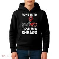 Runs With Trauma Shears EMT Emergency Medical Technician EMS Kids Hoodie thumb 4