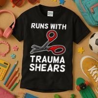 Runs With Trauma Shears EMT Emergency Medical Technician EMS Kids T-Shirt thumb 3
