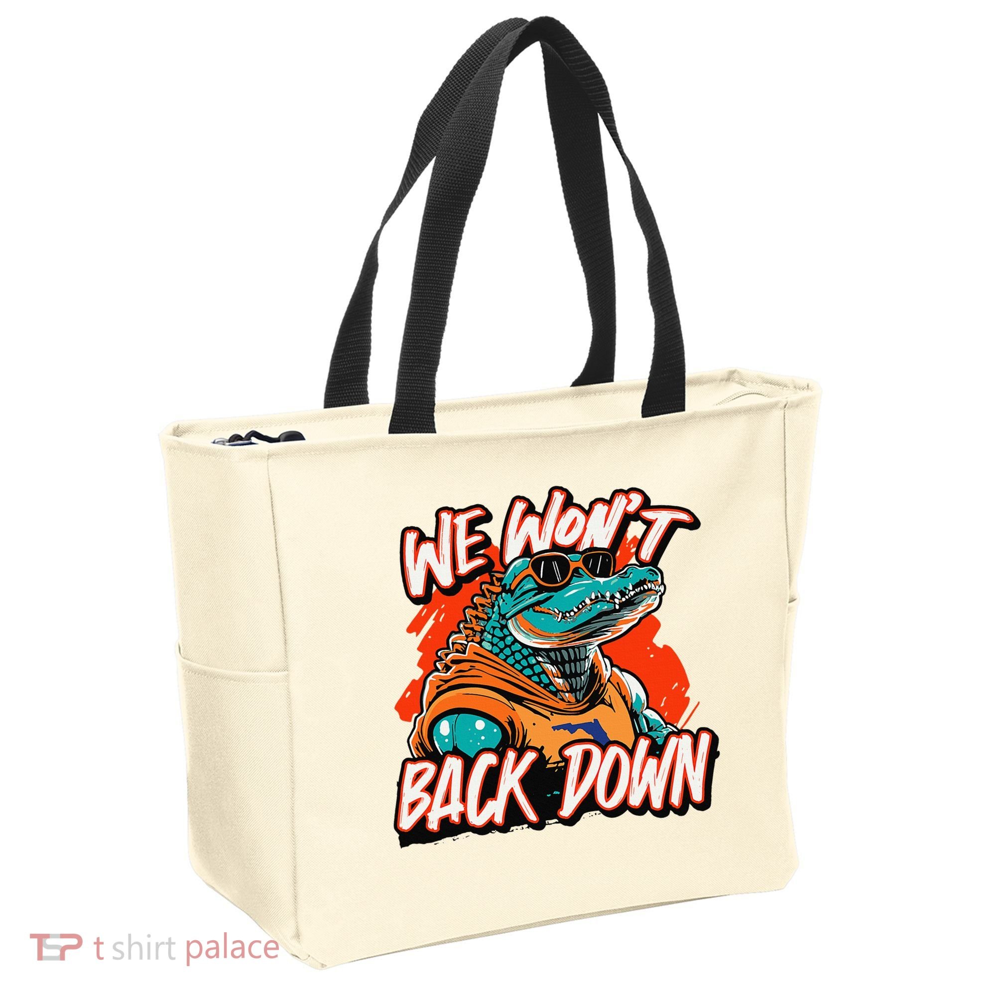 Retro We WonT Back Down Blue And Orange Gator Tote Bag