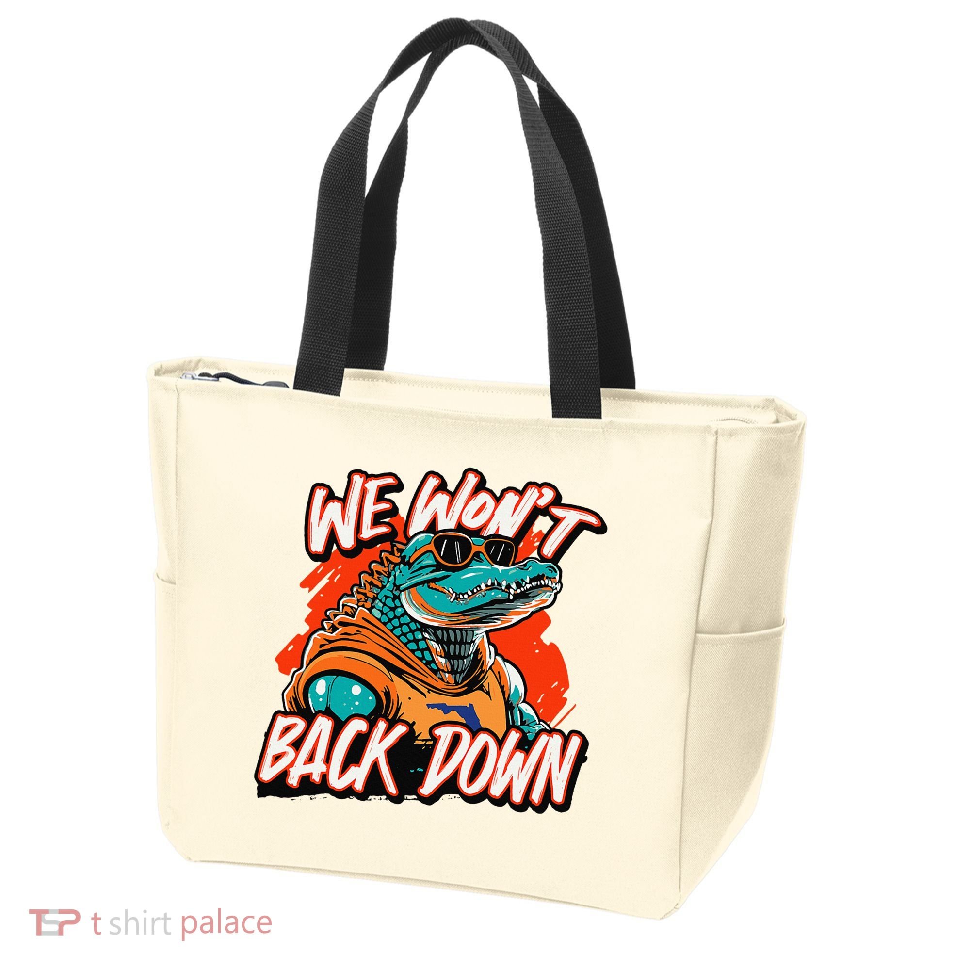 Retro We WonT Back Down Blue And Orange Gator Tote Bag