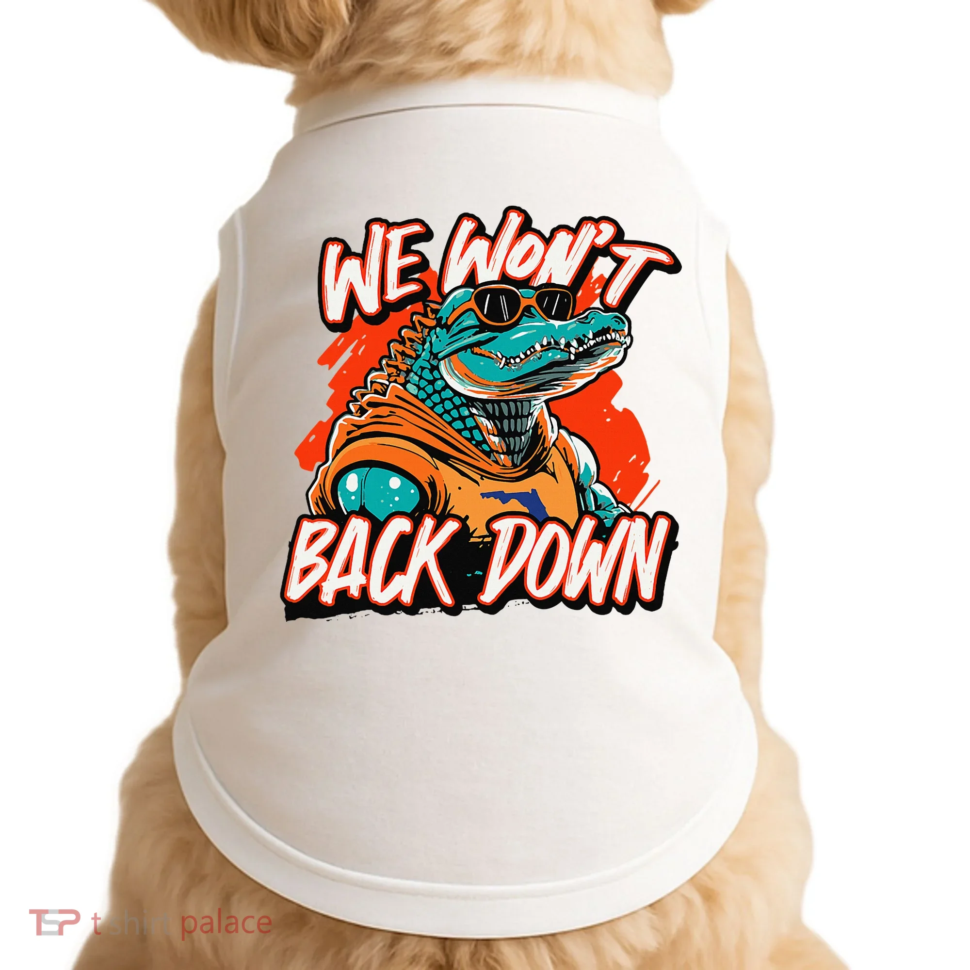 Retro We WonT Back Down Blue And Orange Gator Doggie Tank