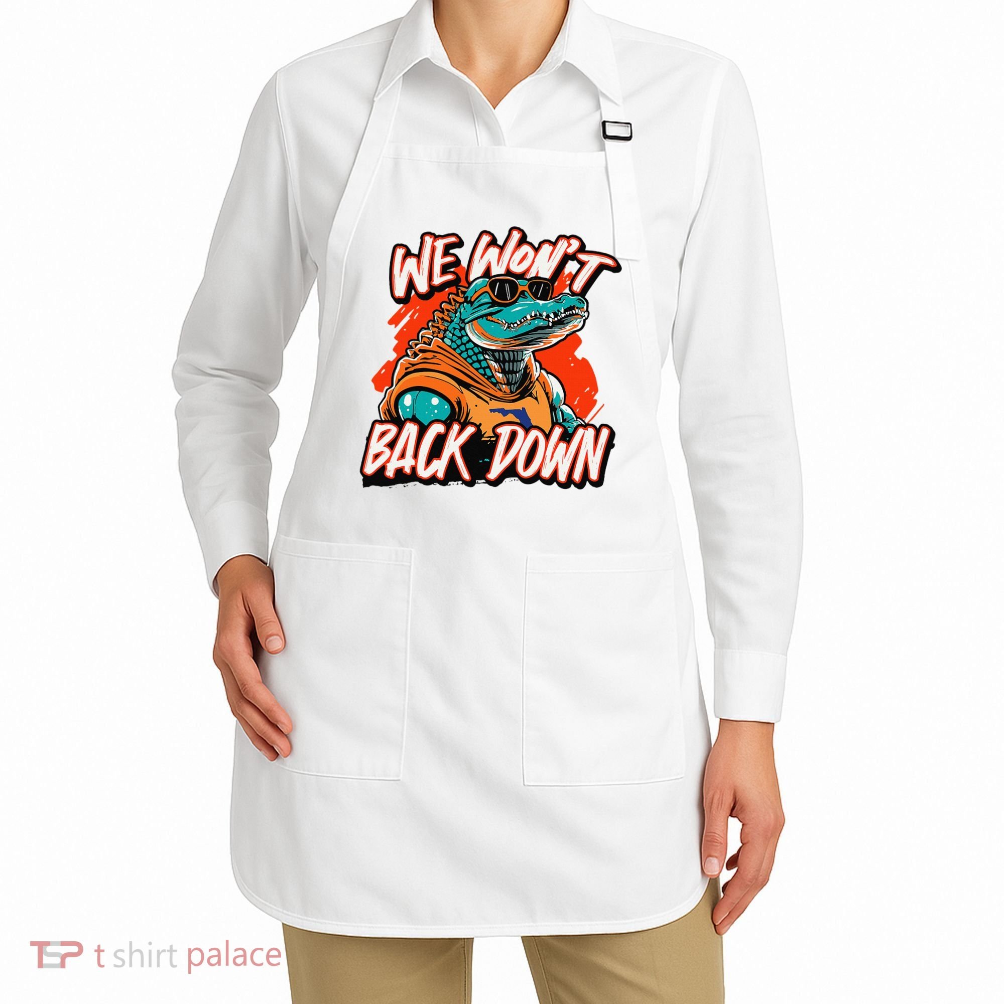 Retro We WonT Back Down Blue And Orange Gator Apron