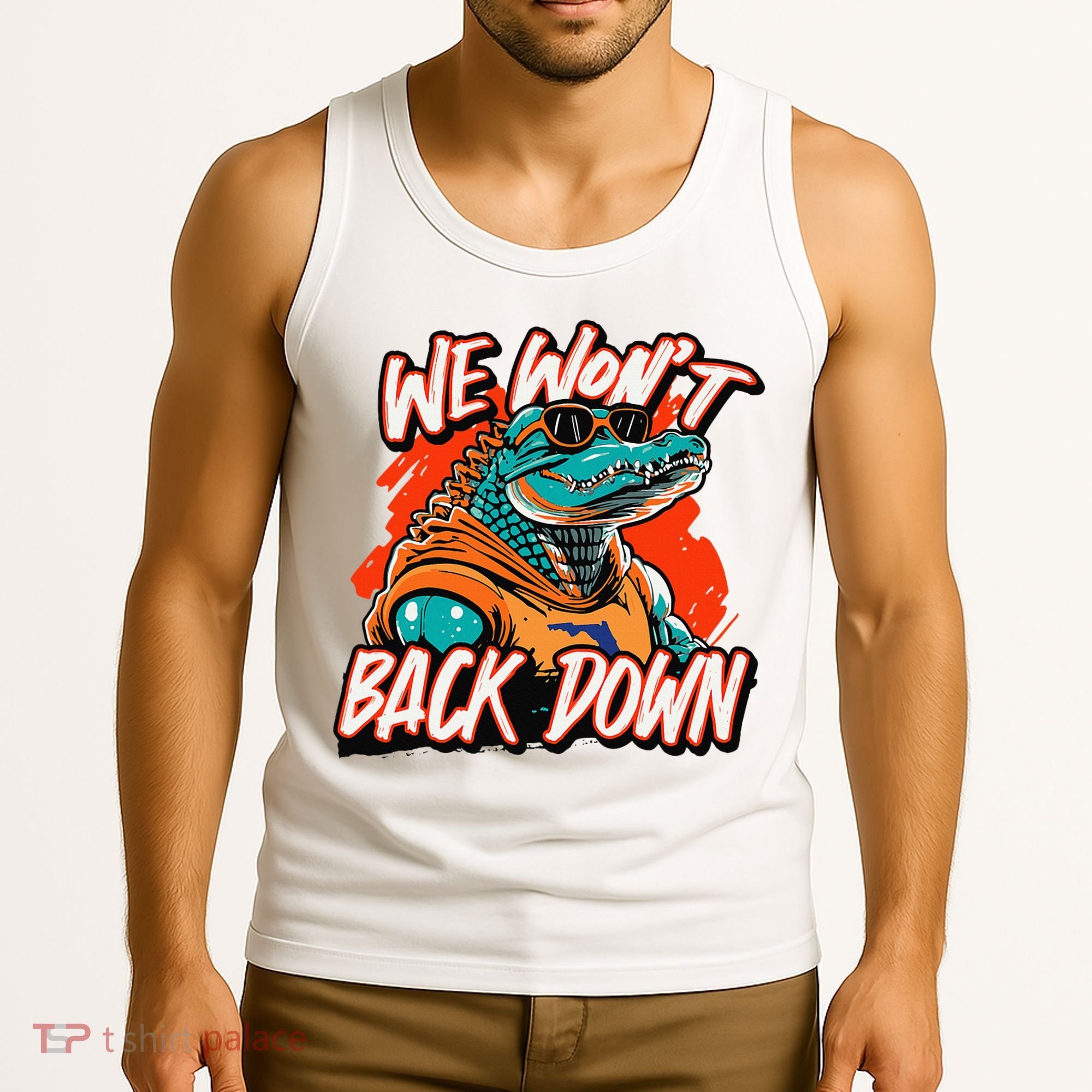 Retro We WonT Back Down Blue And Orange Gator Tank Top