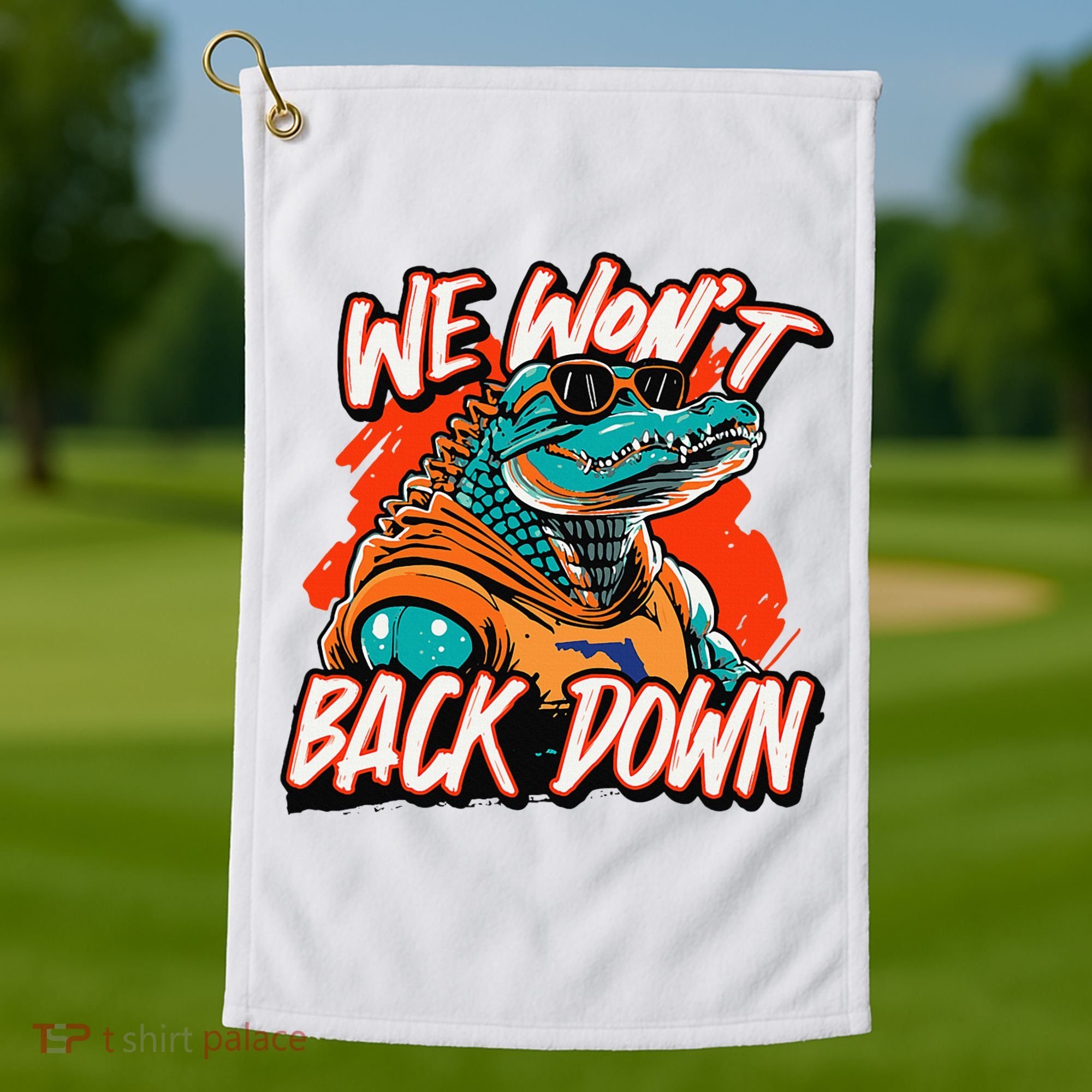 Retro We WonT Back Down Blue And Orange Gator Golf Towel