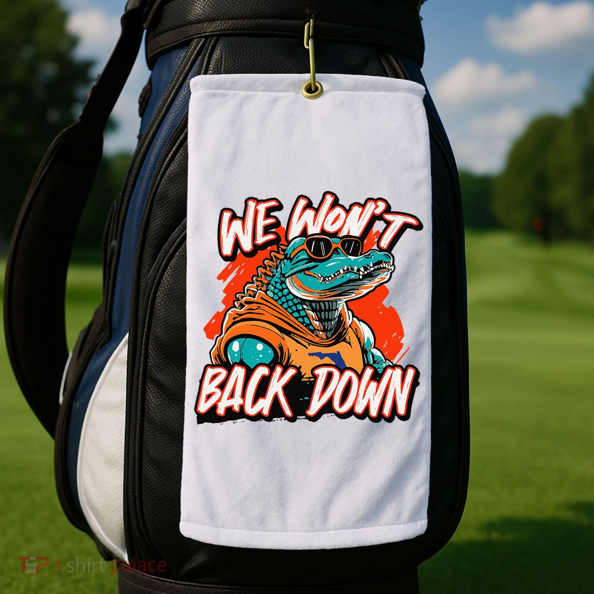 Retro We WonT Back Down Blue And Orange Gator Golf Towel