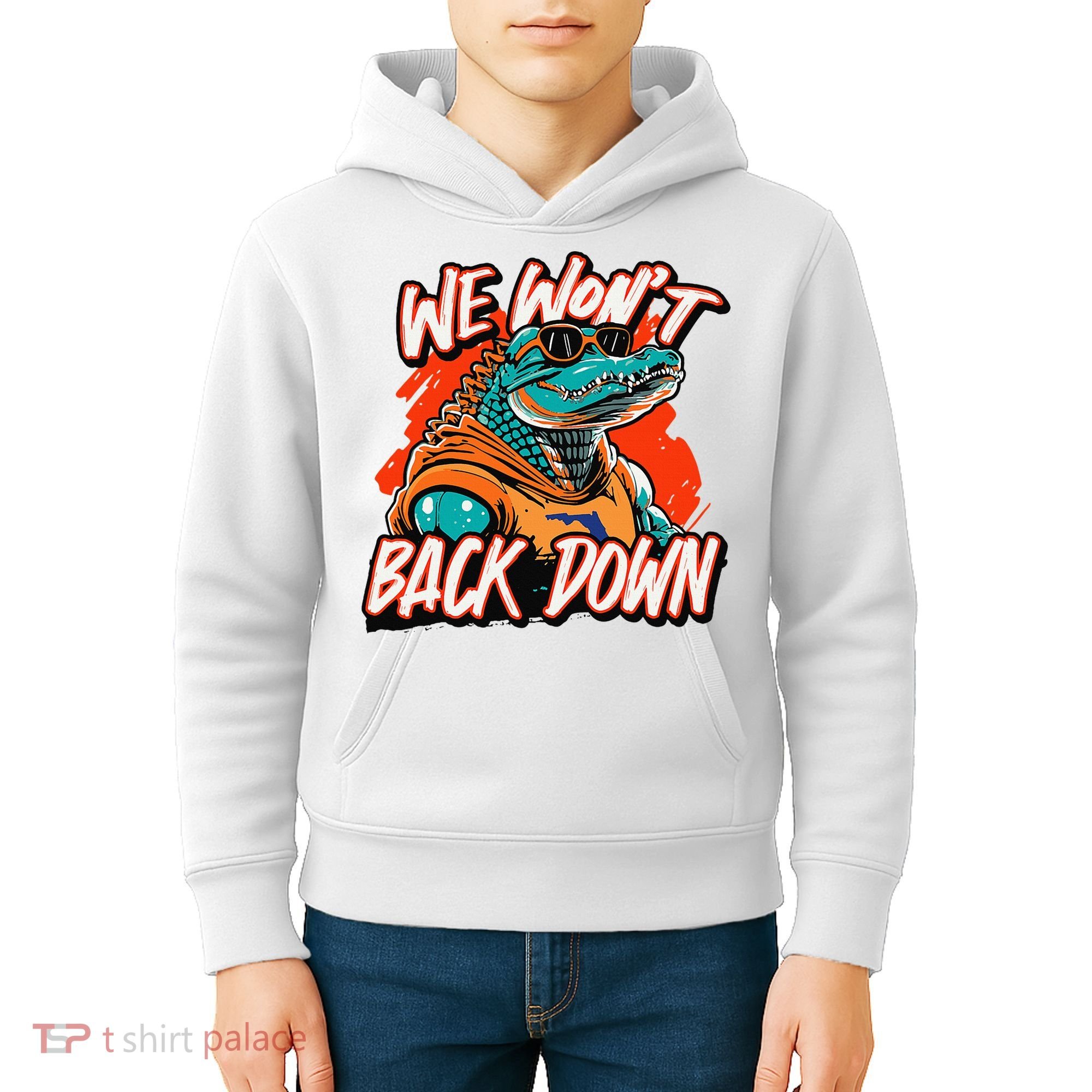 Retro We WonT Back Down Blue And Orange Gator Kids Hoodie
