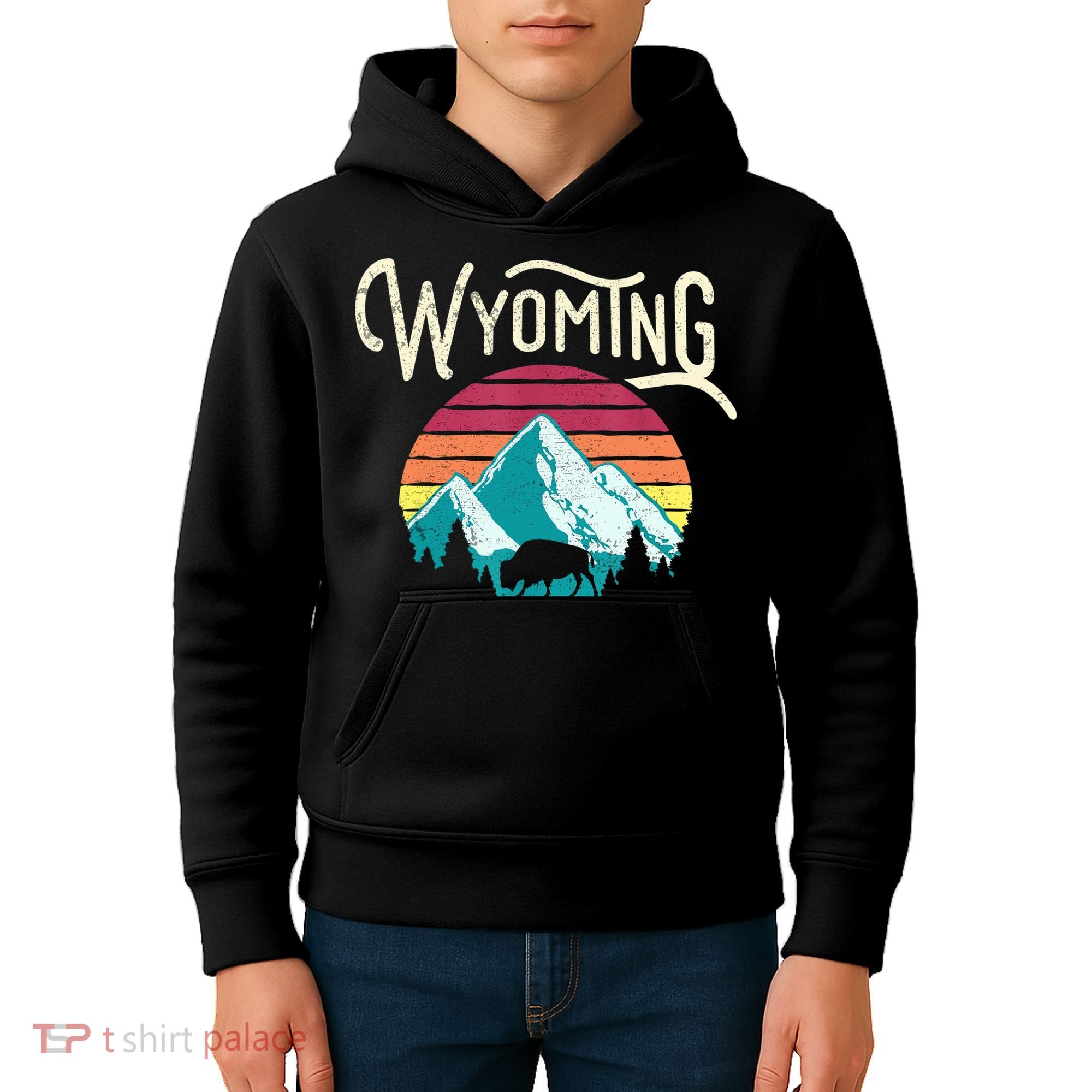 Retro Wyoming, WY Mountains State Wildlife Gift Kids Hoodie