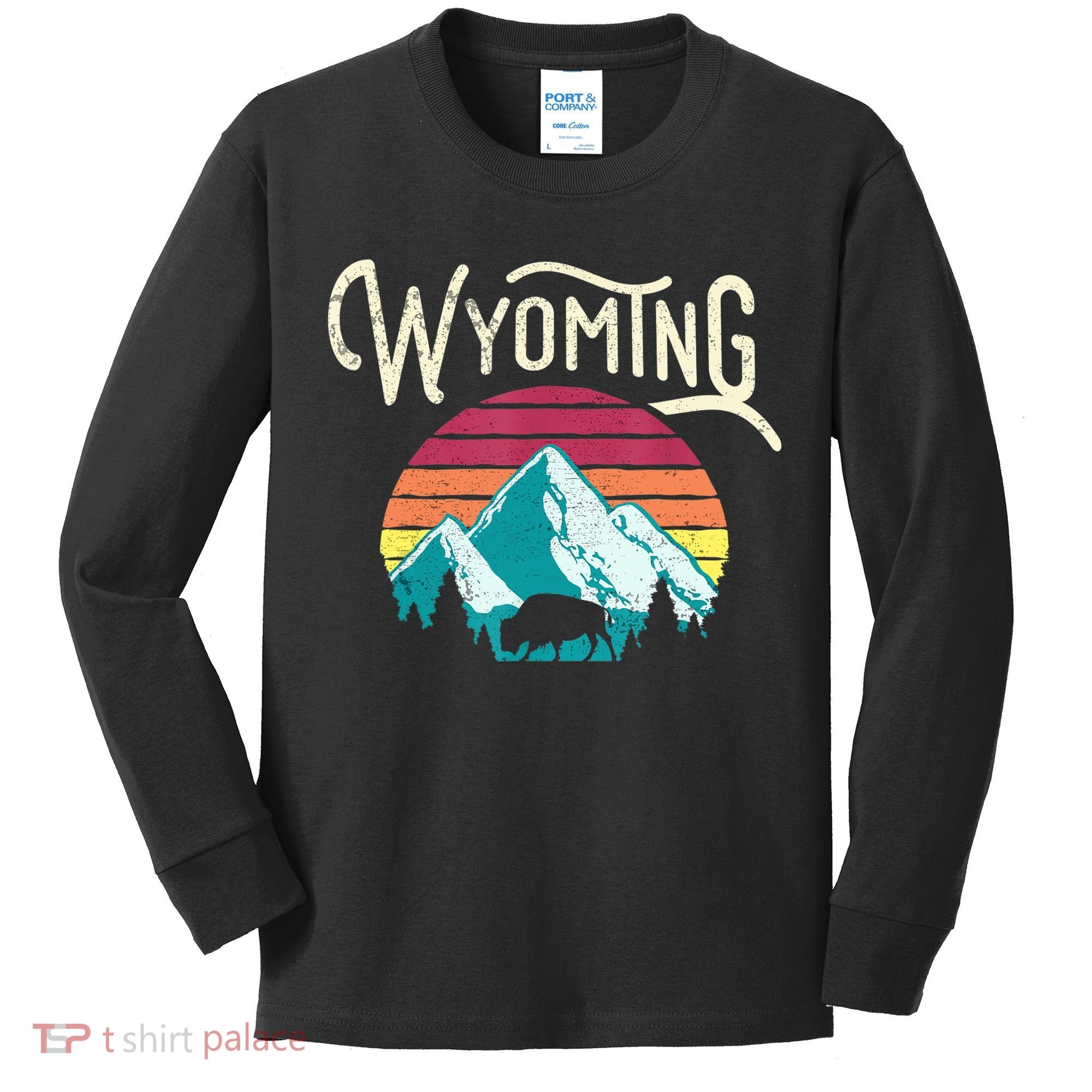 Retro Wyoming, WY Mountains State Wildlife Gift Kids Long Sleeve Shirt