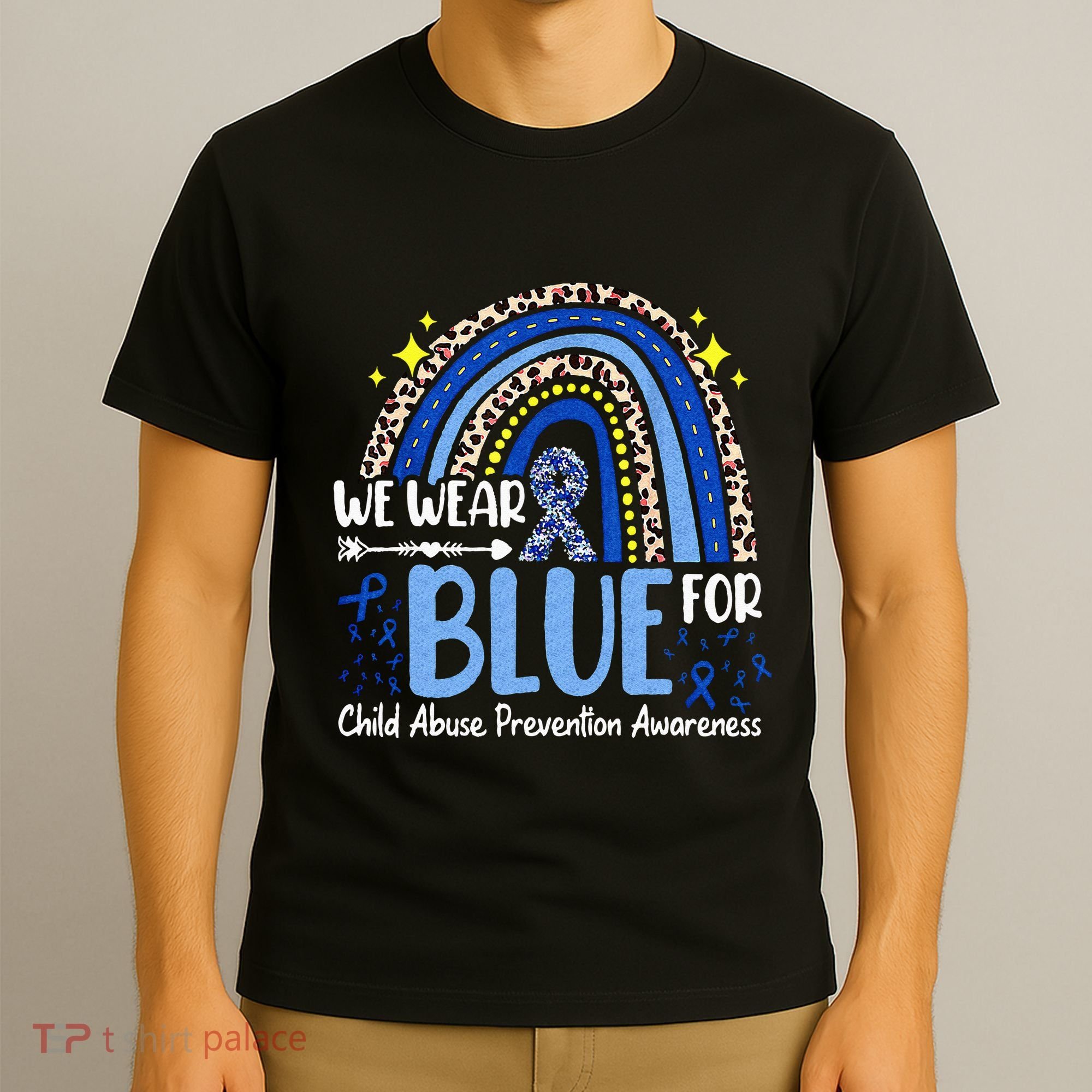 Rainbow We Wear Blue Child Abuse Prevention Month Awareness T-Shirt