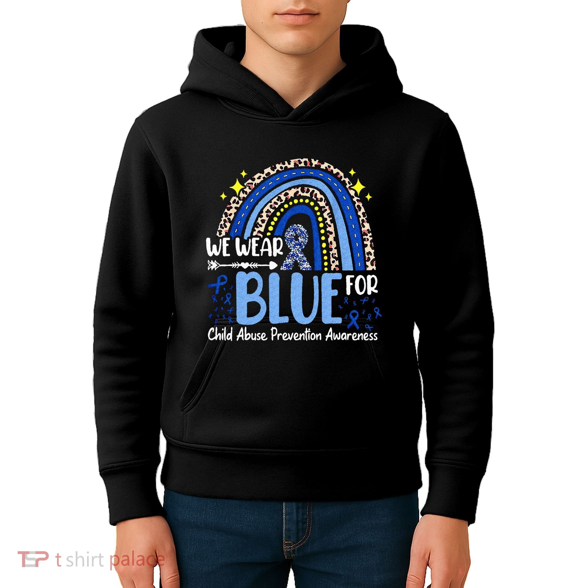Rainbow We Wear Blue Child Abuse Prevention Month Awareness Kids Hoodie
