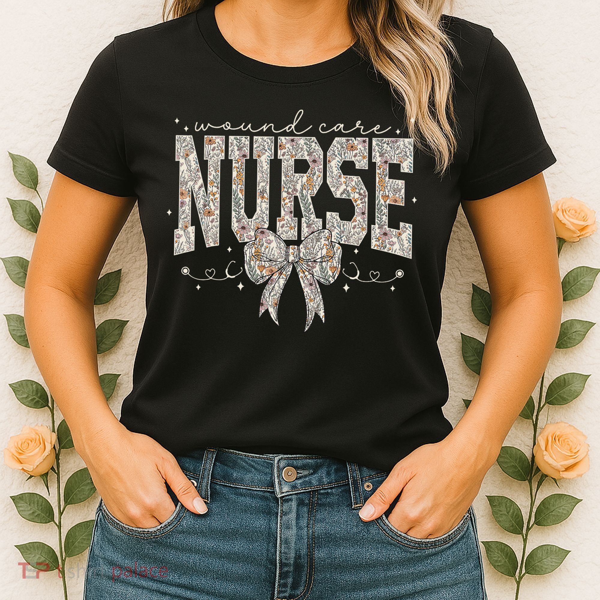 Retro Wildflower Wound Care Nurse Coquette Bow WOCN Nursing Women's T-Shirt