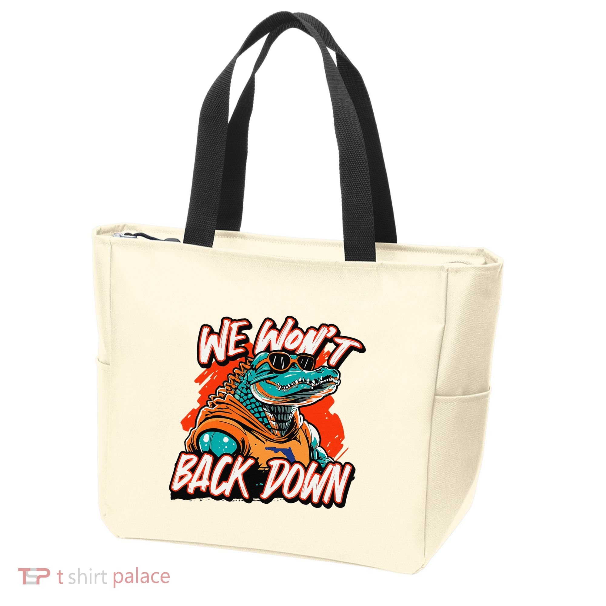 Retro We WonT Back Down Blue And Orange Gator Tote Bag