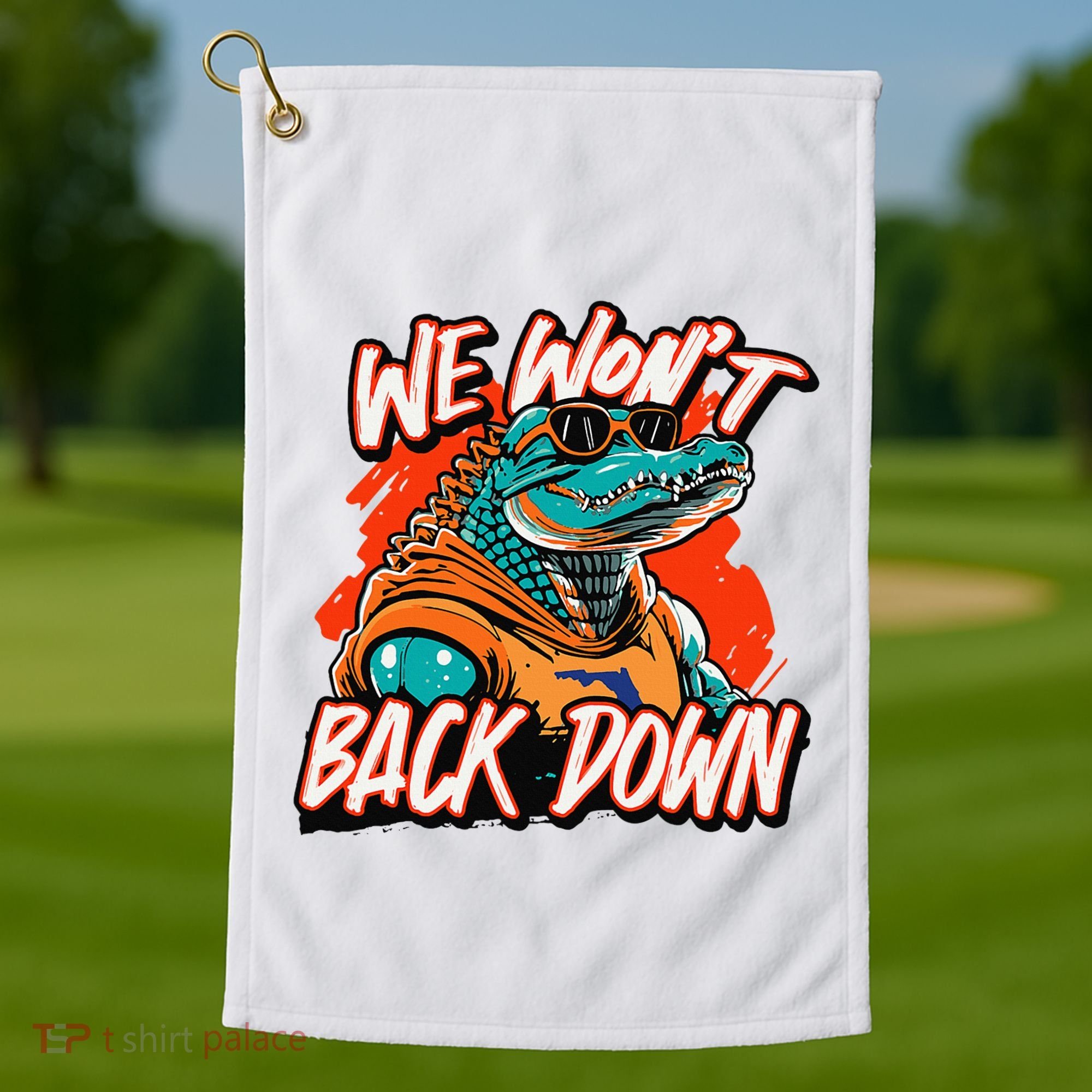 Retro We WonT Back Down Blue And Orange Gator Golf Towel