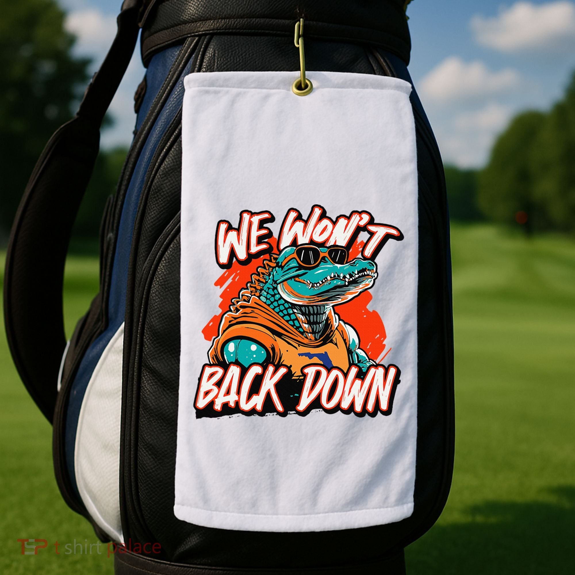 Retro We WonT Back Down Blue And Orange Gator Golf Towel