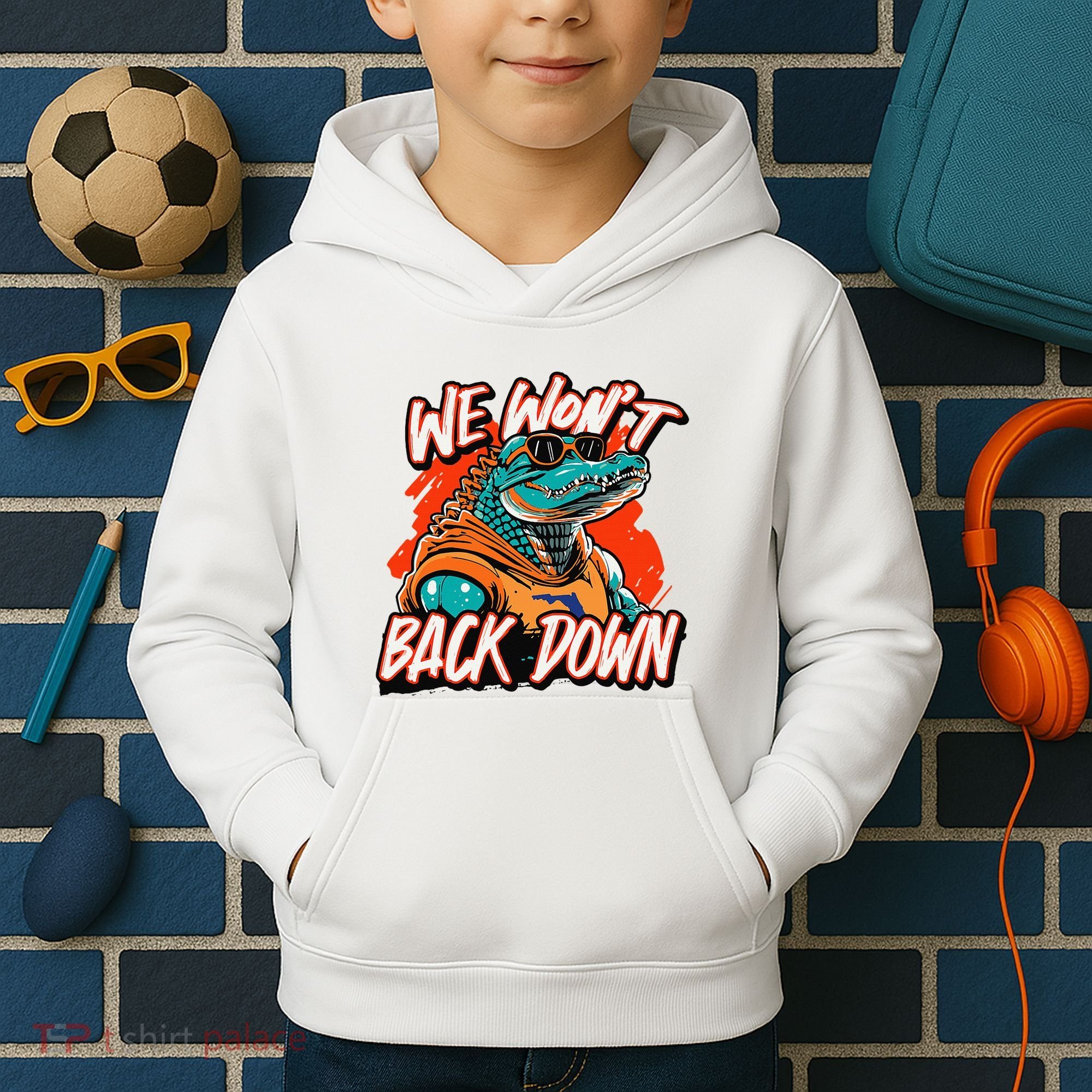 Retro We WonT Back Down Blue And Orange Gator Kids Hoodie