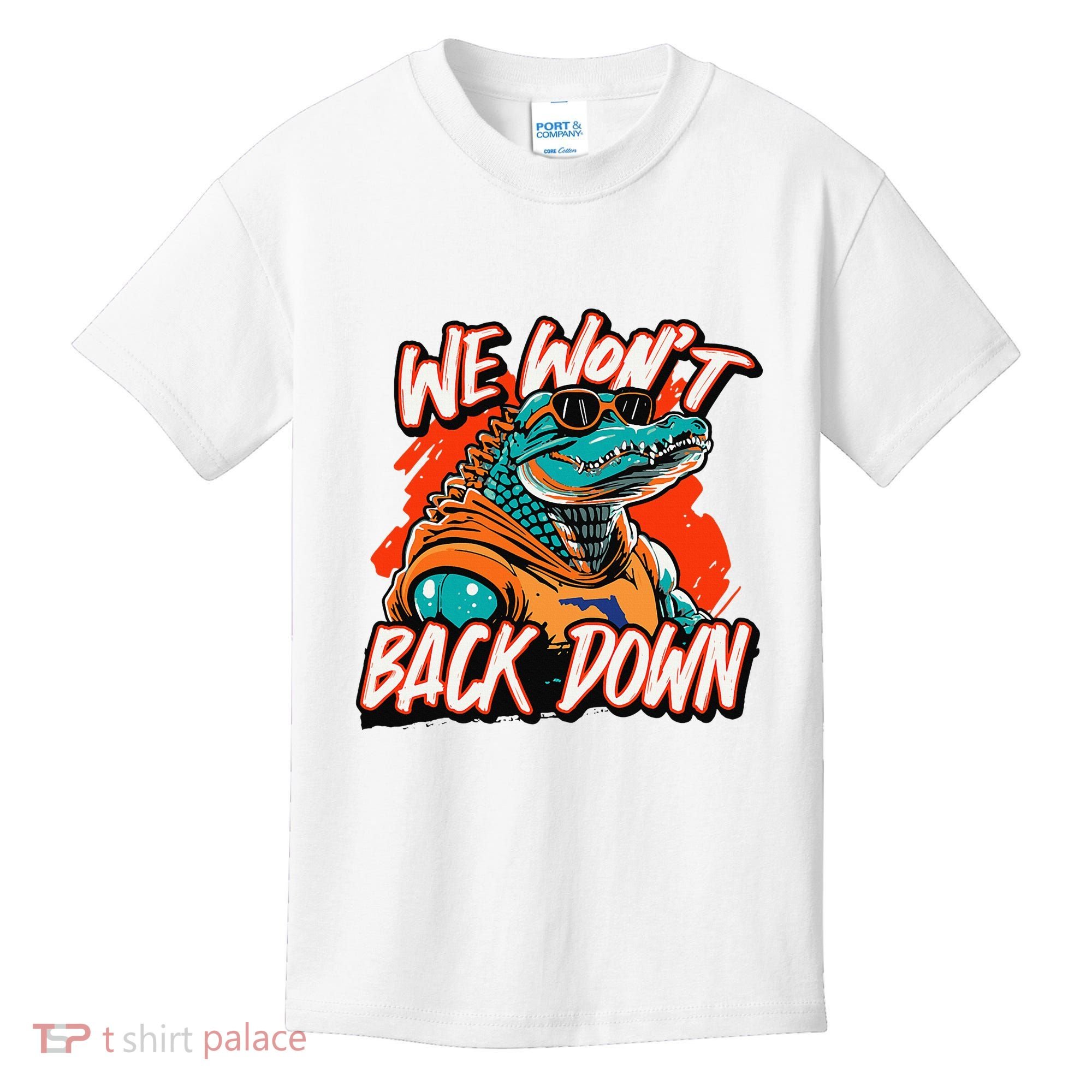 Retro We WonT Back Down Blue And Orange Gator Kids T-Shirt
