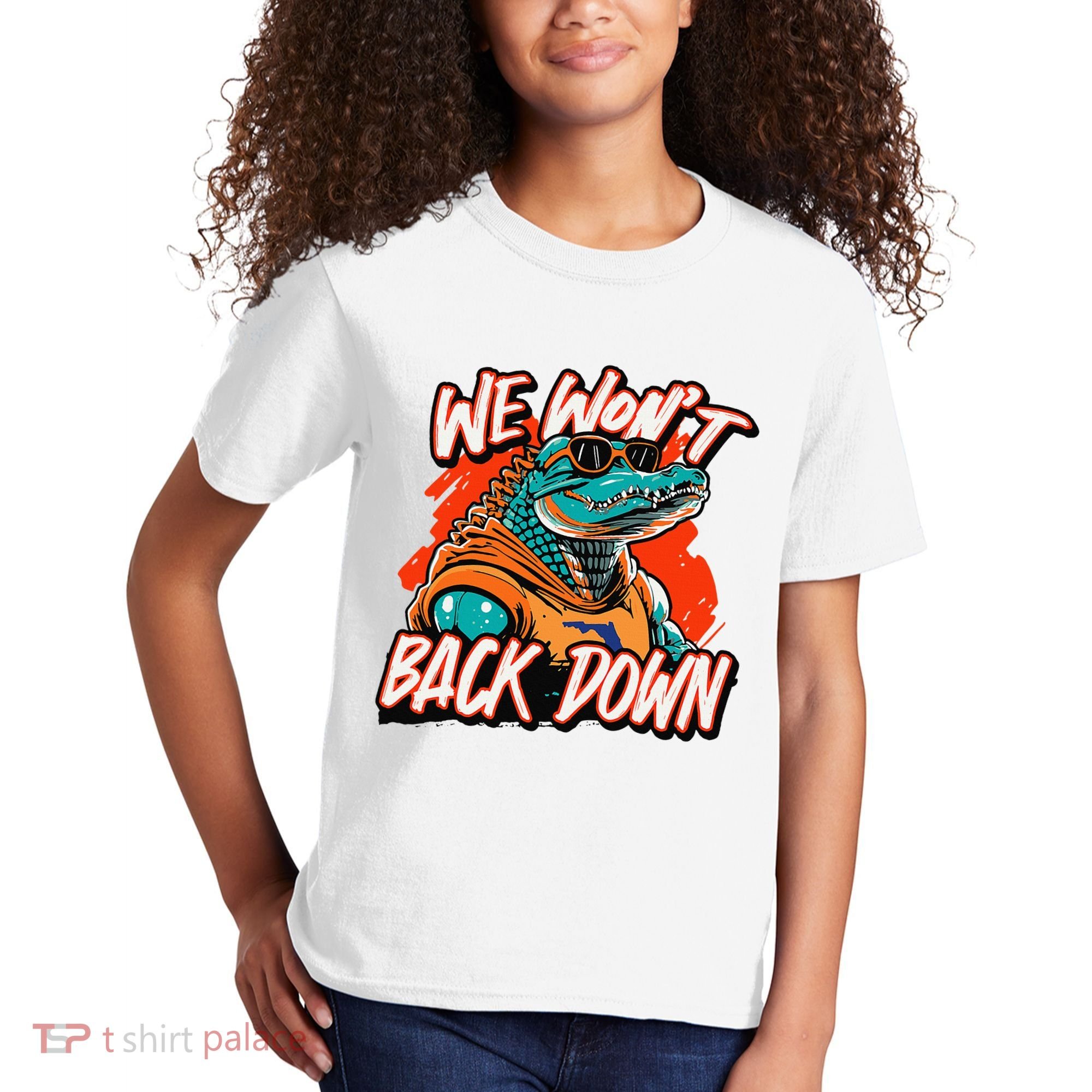 Retro We WonT Back Down Blue And Orange Gator Kids T-Shirt
