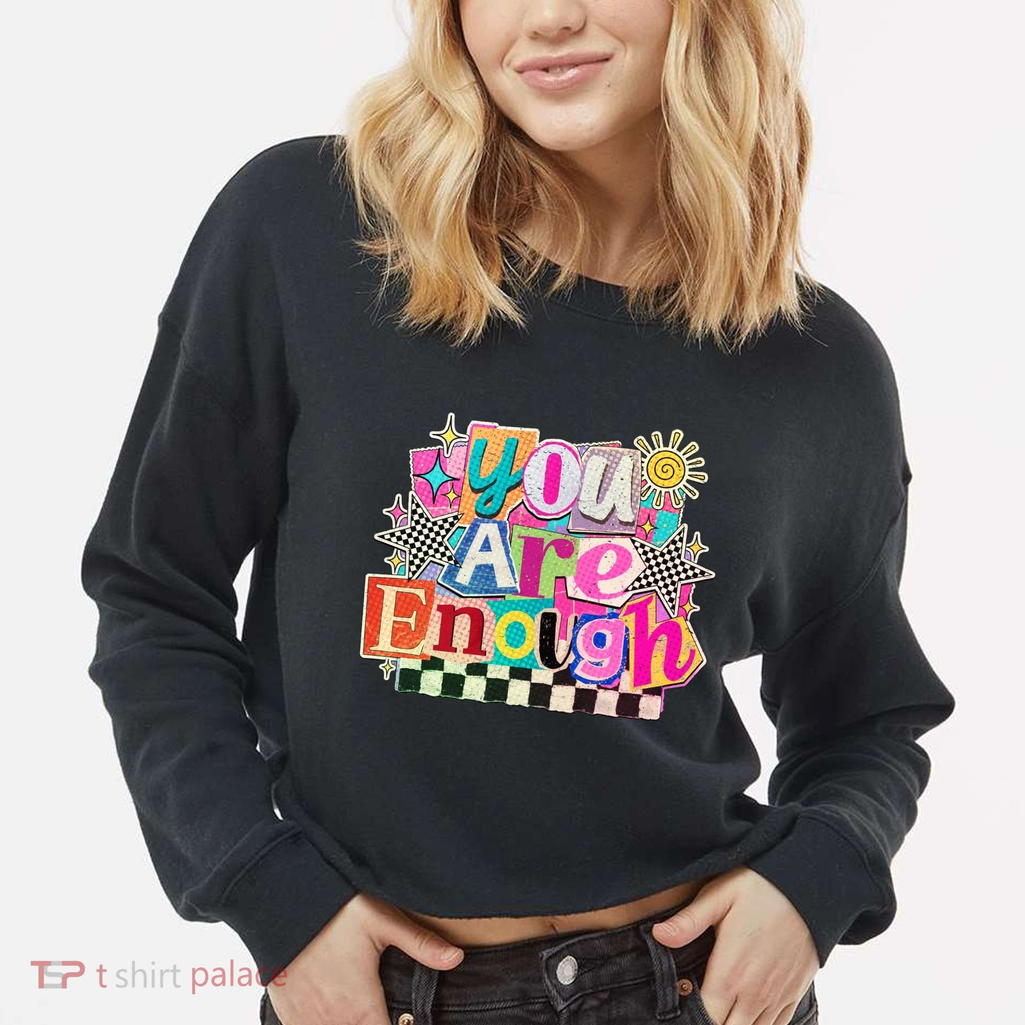 Retro You Are Enough Collage Cropped Pullover Crew