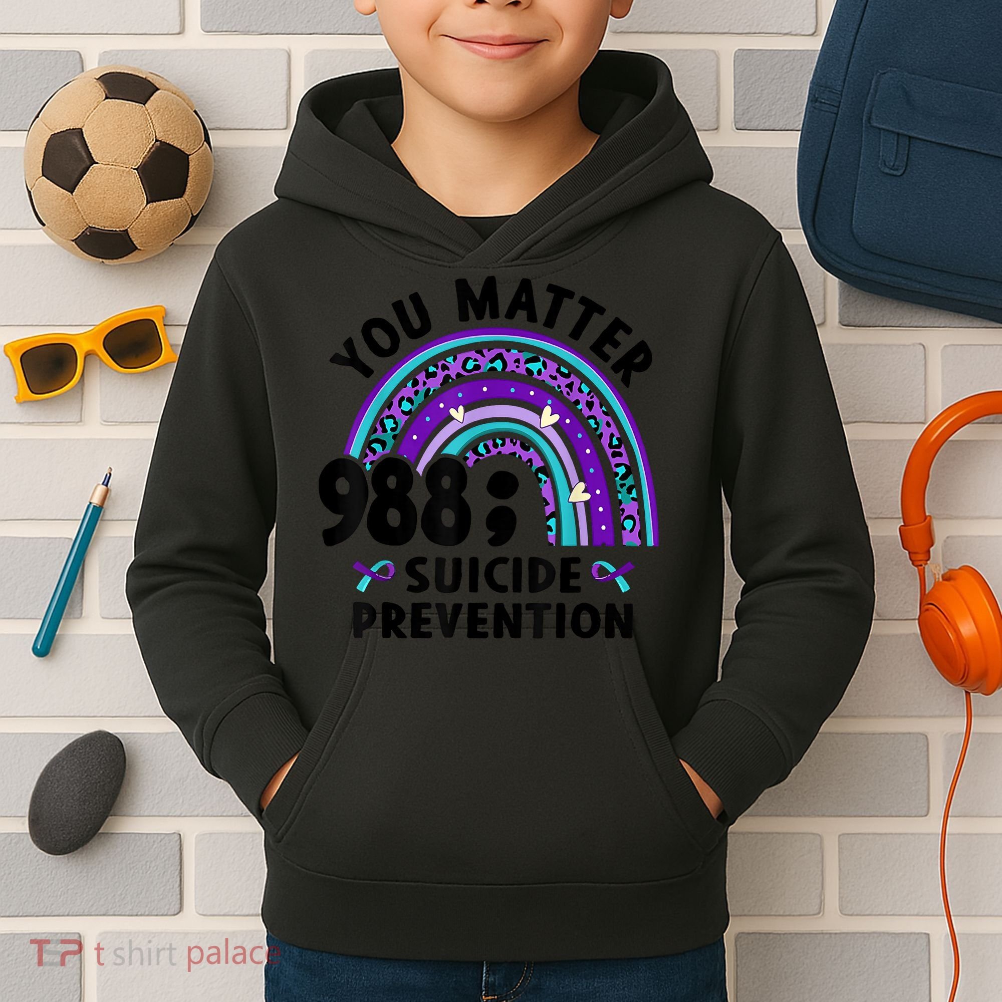 Rainbow You Matter 988 Suicide Prevention Awareness Ribbon Kids Hoodie