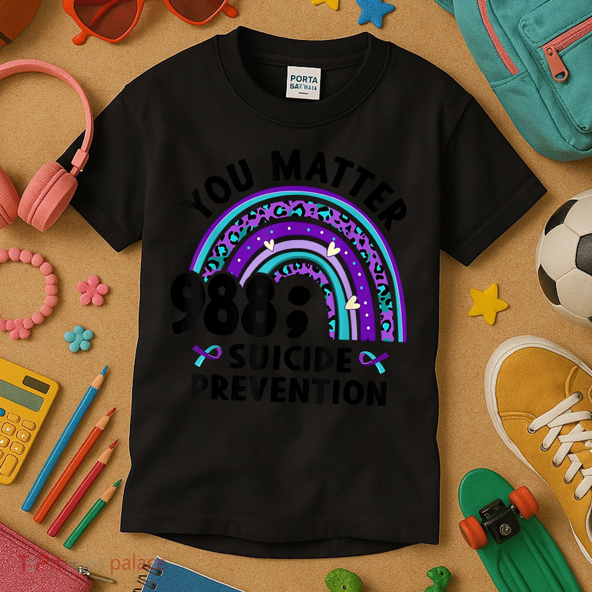 Rainbow You Matter 988 Suicide Prevention Awareness Ribbon Kids T-Shirt