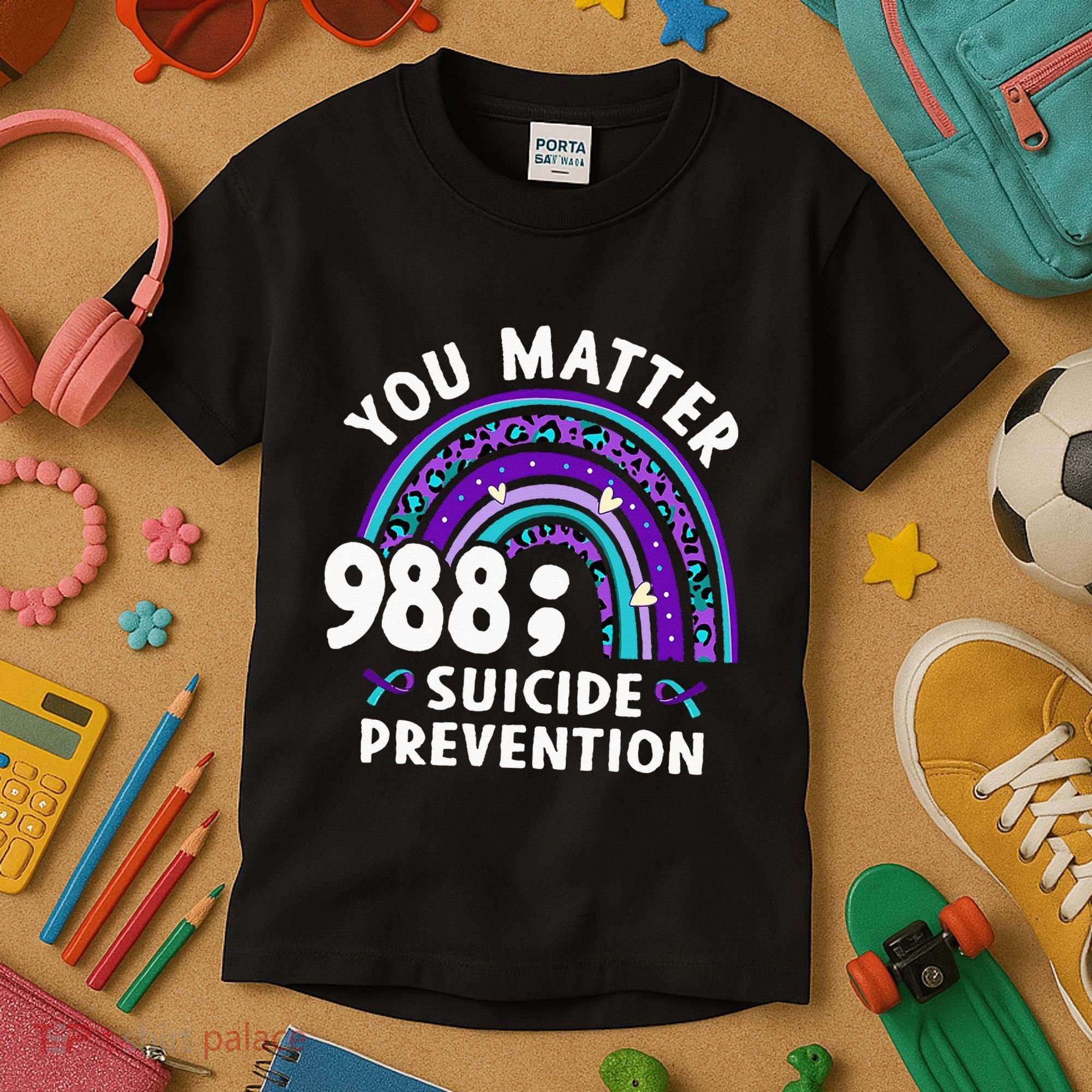 Rainbow You Matter 988 Suicide Prevention Awareness Ribbon Kids T-Shirt