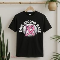 Save 2nd Base Baseball Player Breast Cancer Awareness T-Shirt thumb 2
