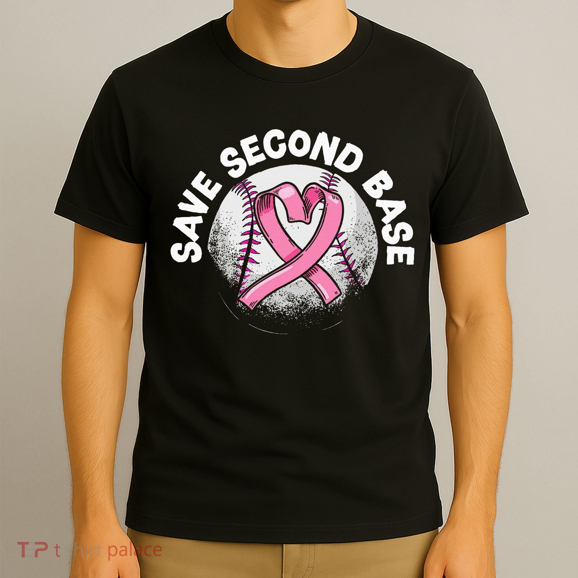 Save 2nd Base Baseball Player Breast Cancer Awareness T-Shirt