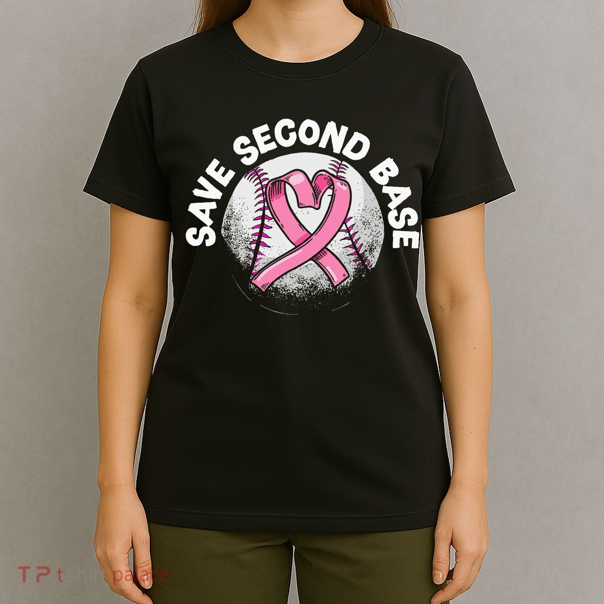 Save 2nd Base Baseball Player Breast Cancer Awareness T-Shirt
