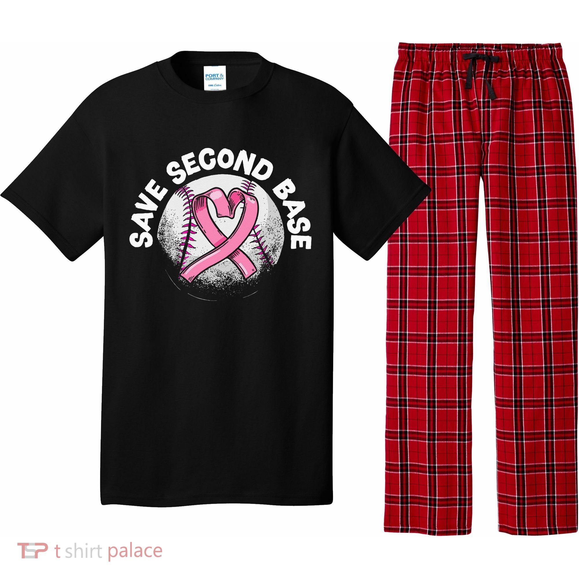 Save 2nd Base Baseball Player Breast Cancer Awareness Pajama Set