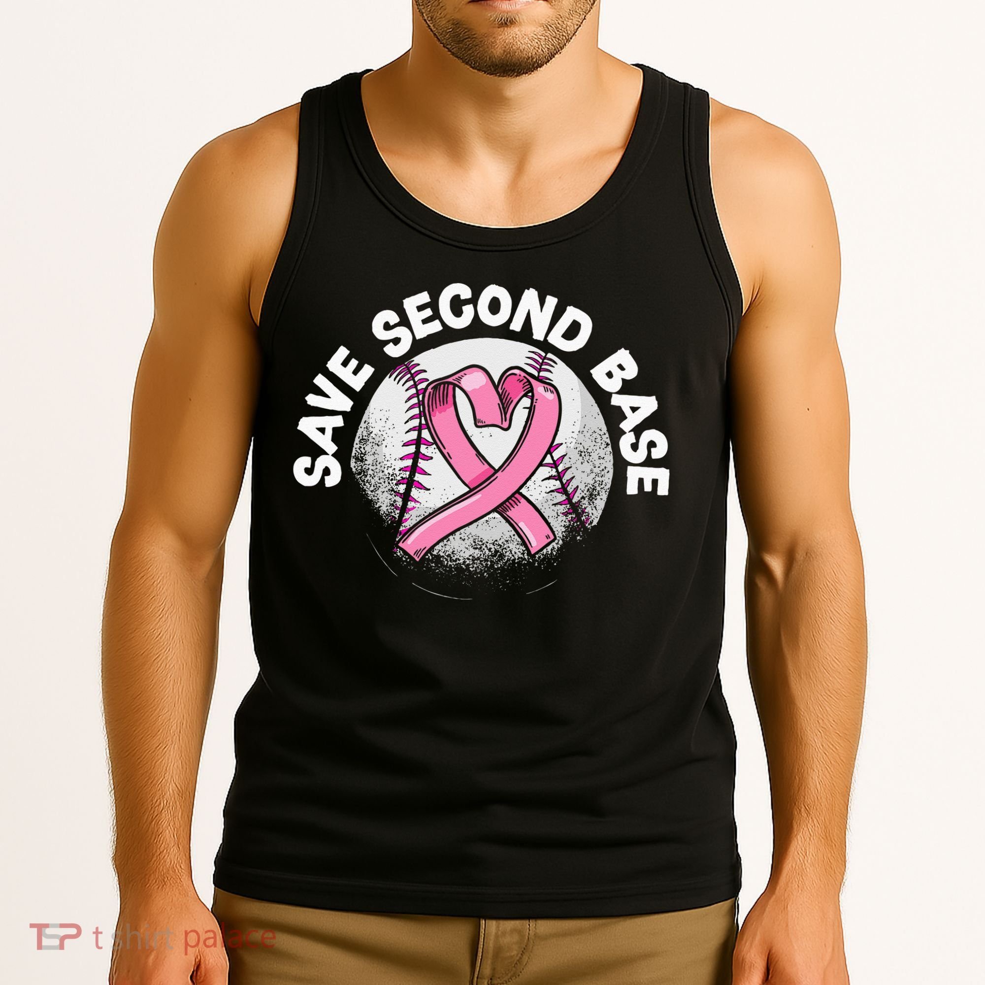 Save 2nd Base Baseball Player Breast Cancer Awareness Tank Top