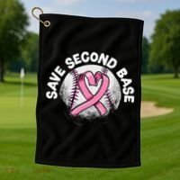 Save 2nd Base Baseball Player Breast Cancer Awareness Golf Towel thumb 1
