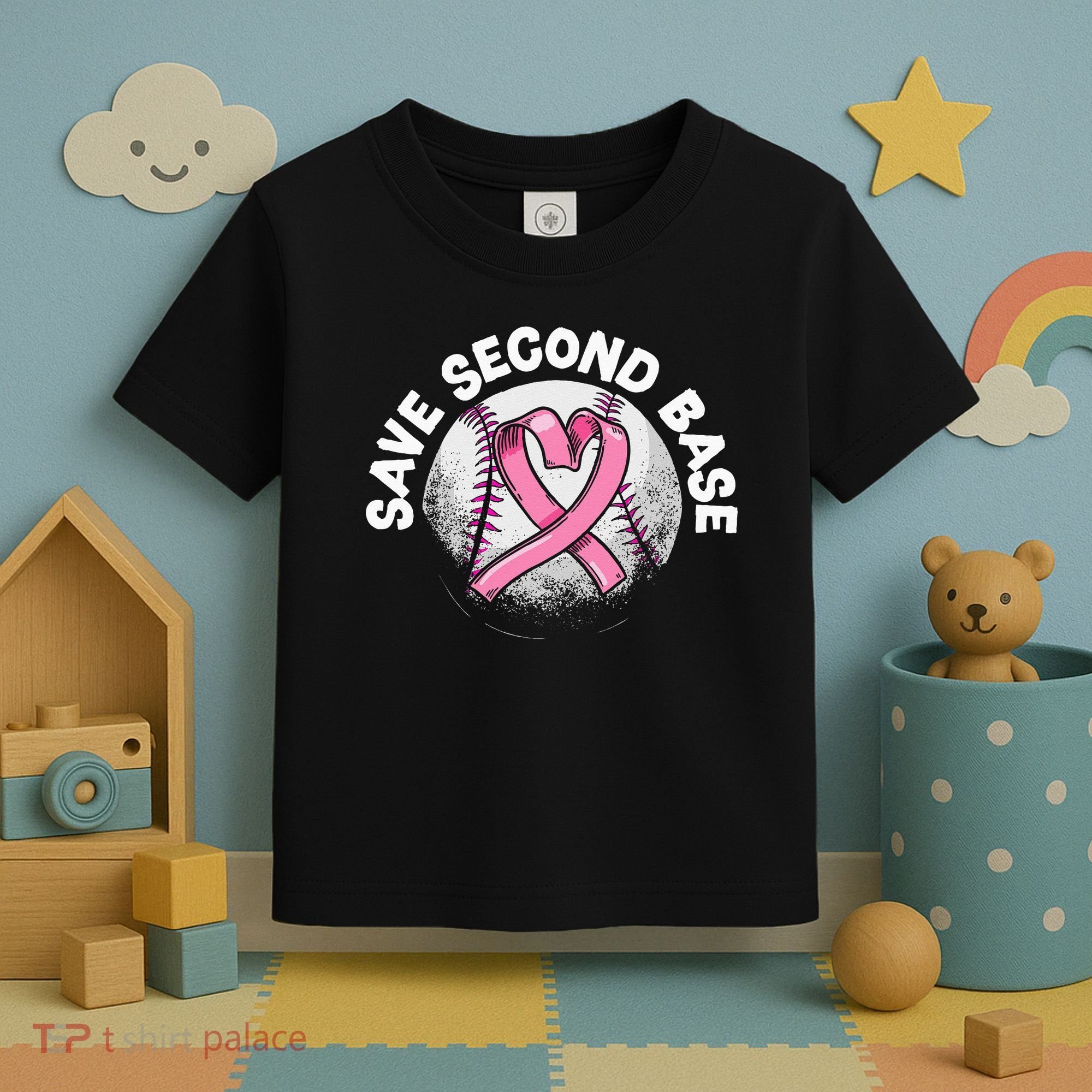 Save 2nd Base Baseball Player Breast Cancer Awareness Toddler T-Shirt