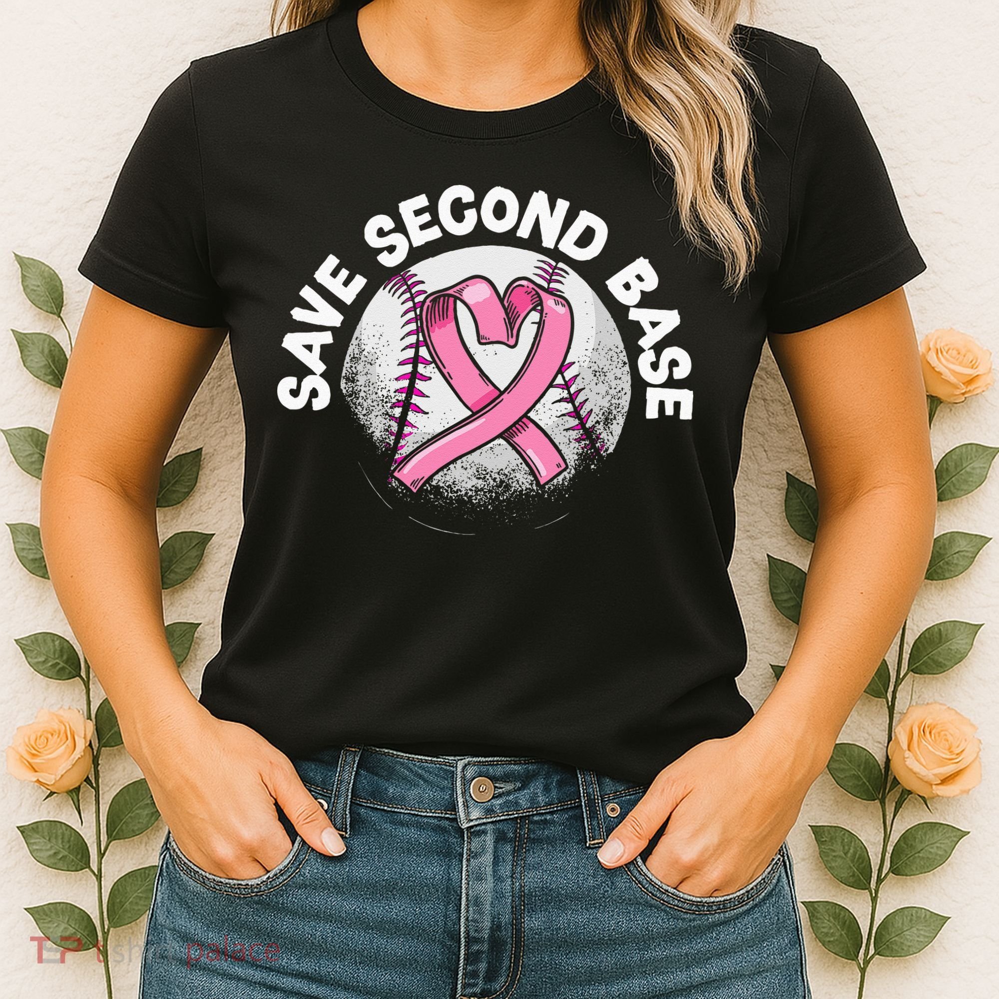 Save 2nd Base Baseball Player Breast Cancer Awareness Women's T-Shirt