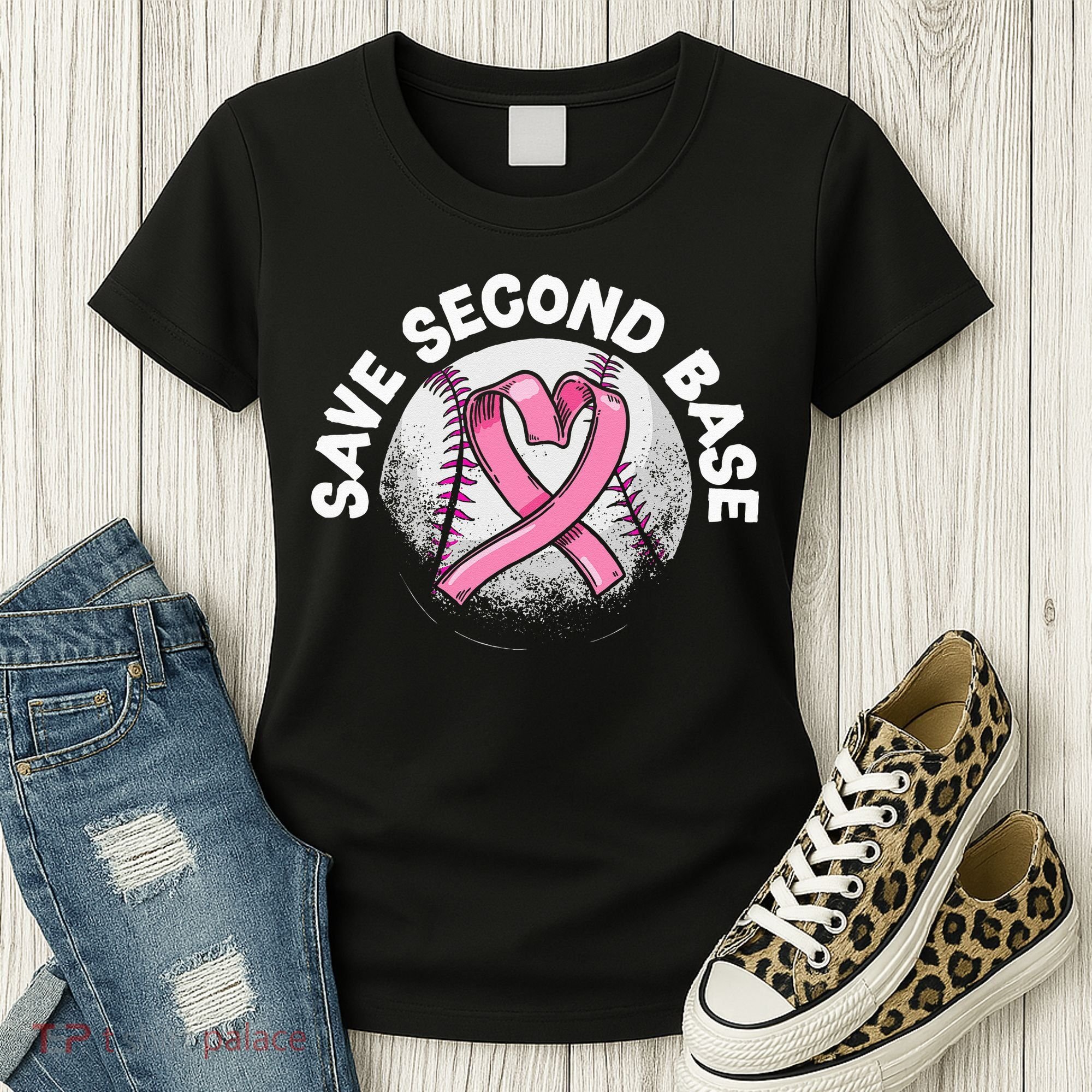 Save 2nd Base Baseball Player Breast Cancer Awareness Women's T-Shirt