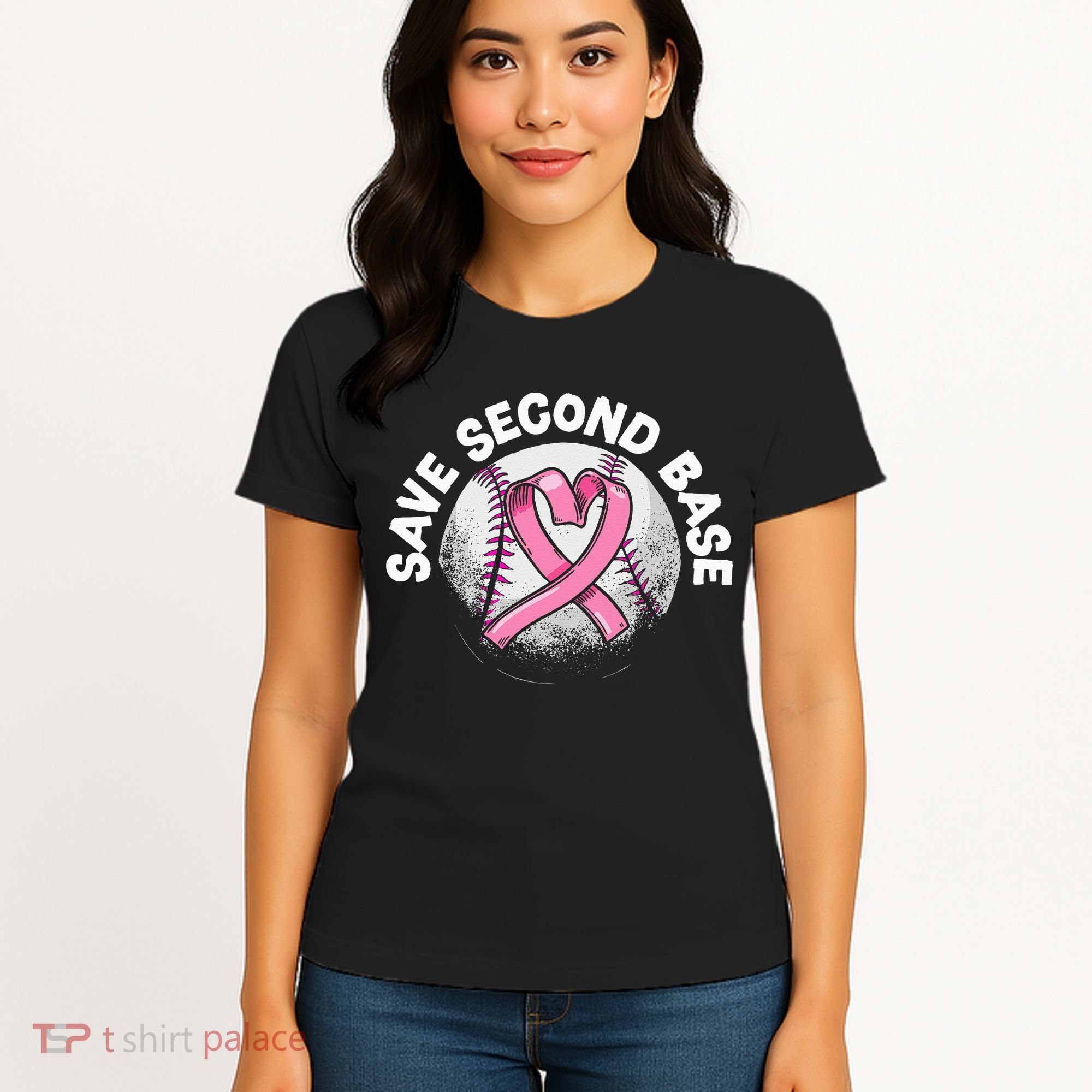 Save 2nd Base Baseball Player Breast Cancer Awareness Women's T-Shirt