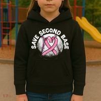 Save 2nd Base Baseball Player Breast Cancer Awareness Kids Hoodie thumb 3