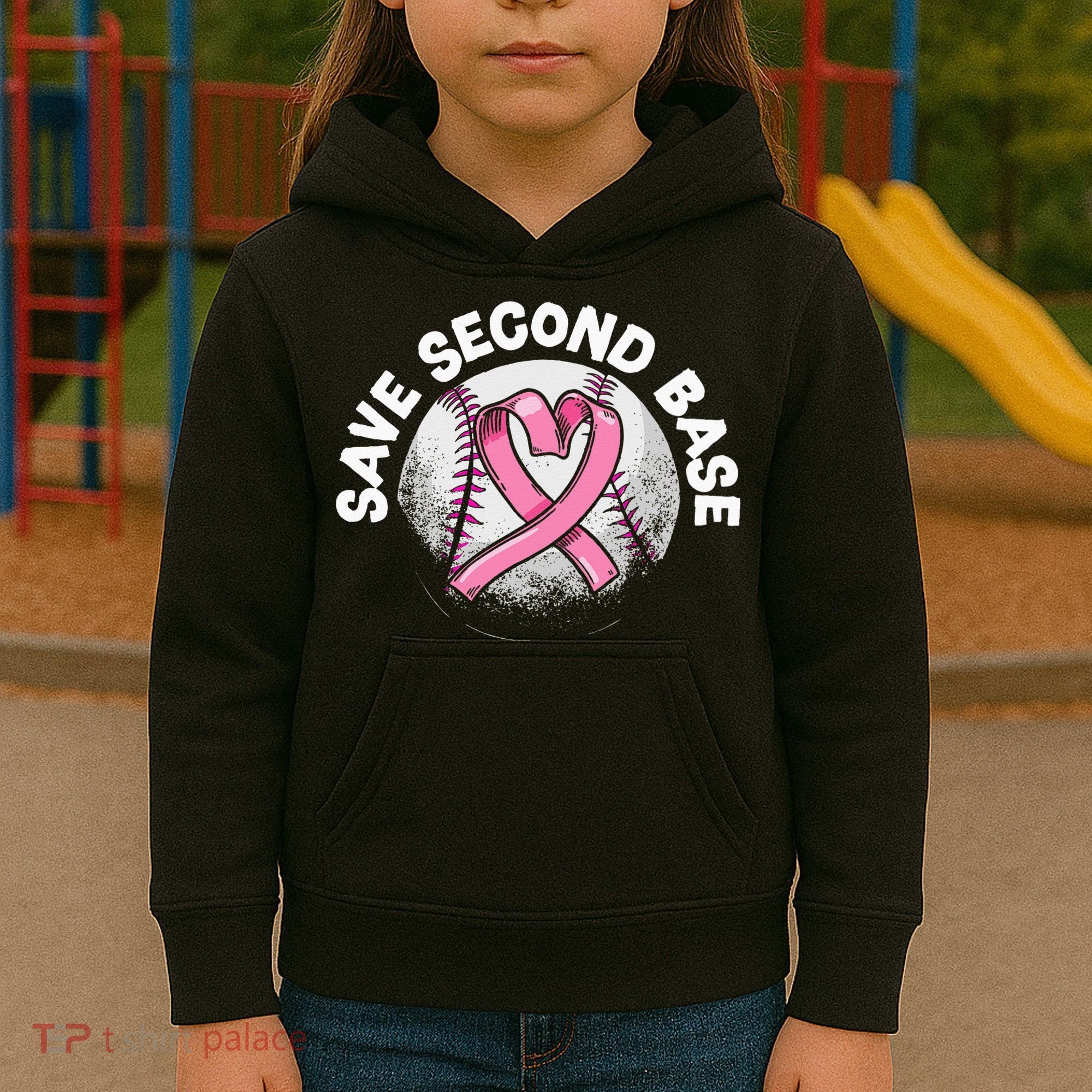 Save 2nd Base Baseball Player Breast Cancer Awareness Kids Hoodie