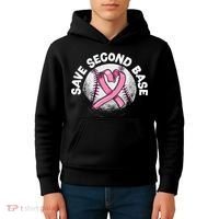 Save 2nd Base Baseball Player Breast Cancer Awareness Kids Hoodie thumb 4