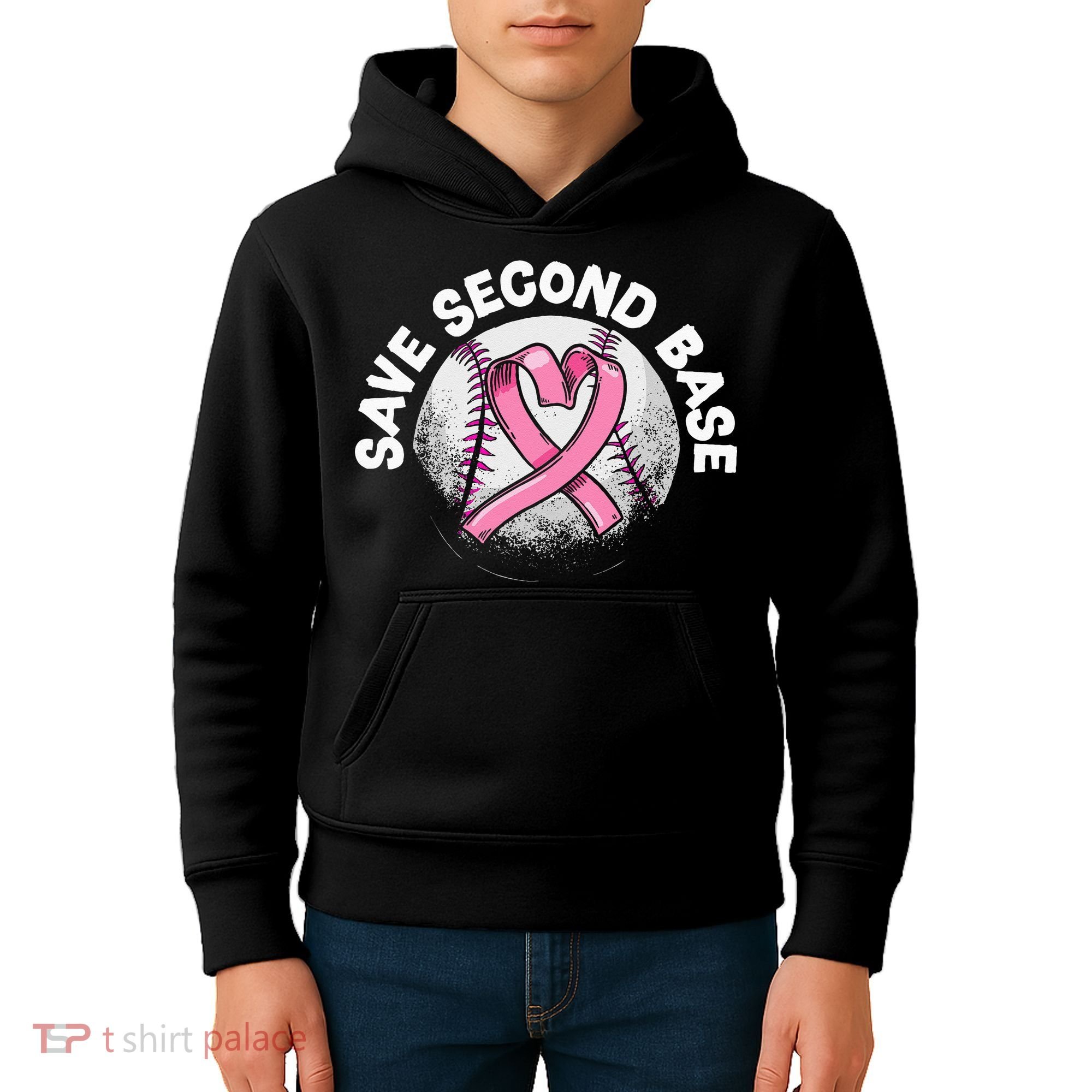 Save 2nd Base Baseball Player Breast Cancer Awareness Kids Hoodie