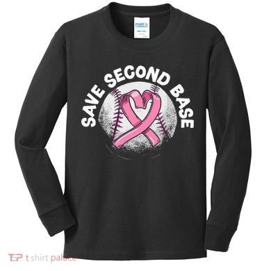Save 2nd Base Baseball Player Breast Cancer Awareness Kids Long Sleeve Shirt