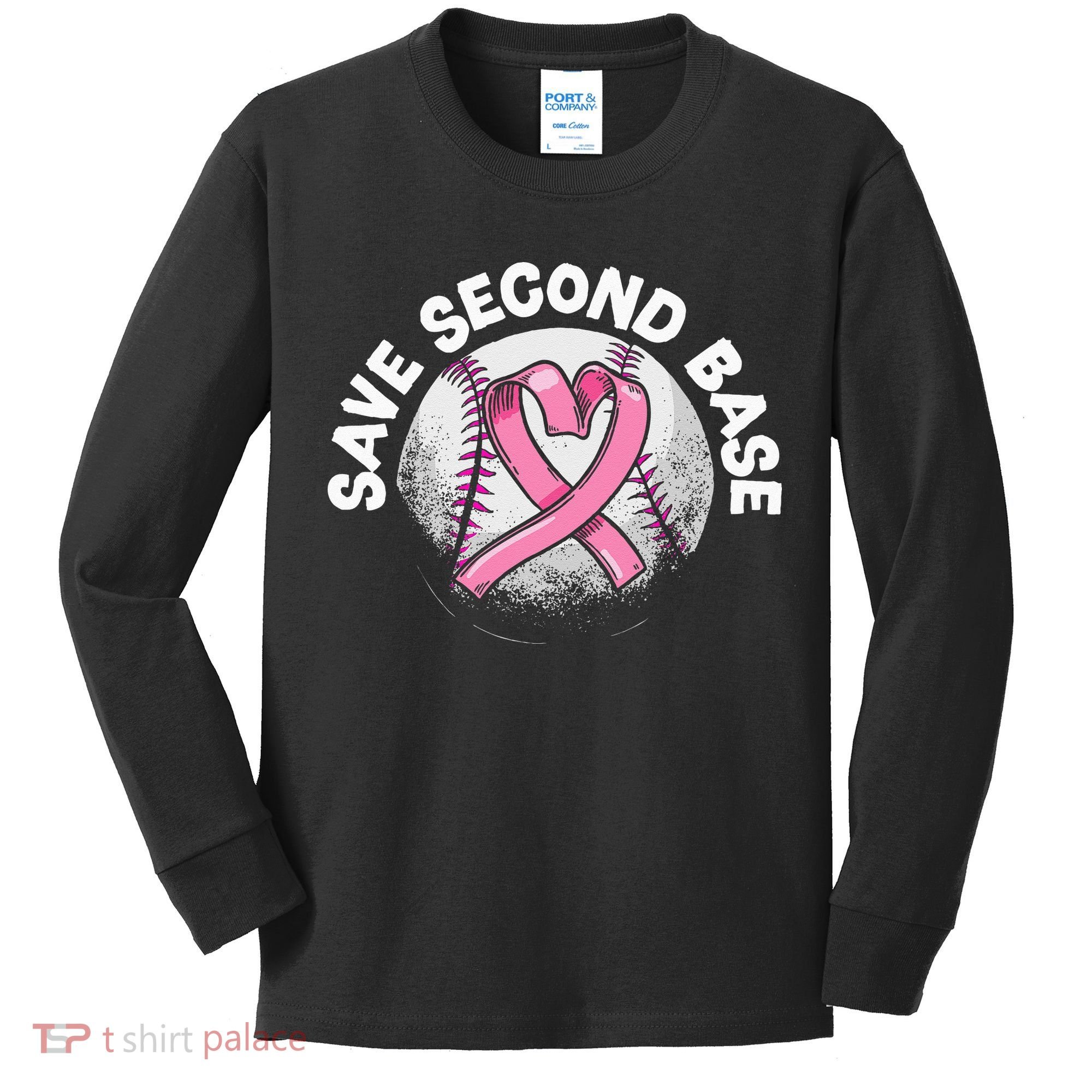 Save 2nd Base Baseball Player Breast Cancer Awareness Kids Long Sleeve Shirt