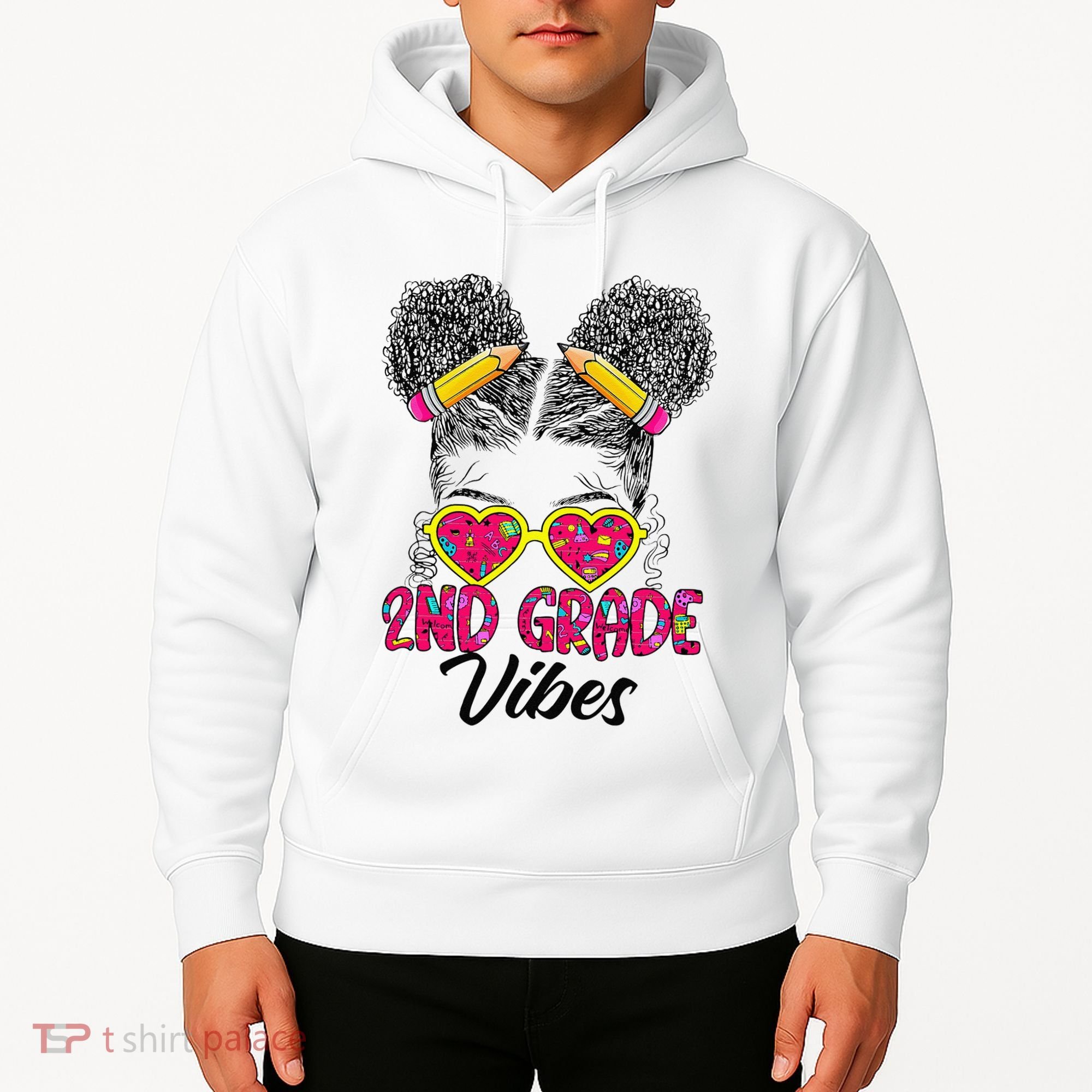 Second 2nd Grade Vibes Messy Bun Back To School Afro Hoodie