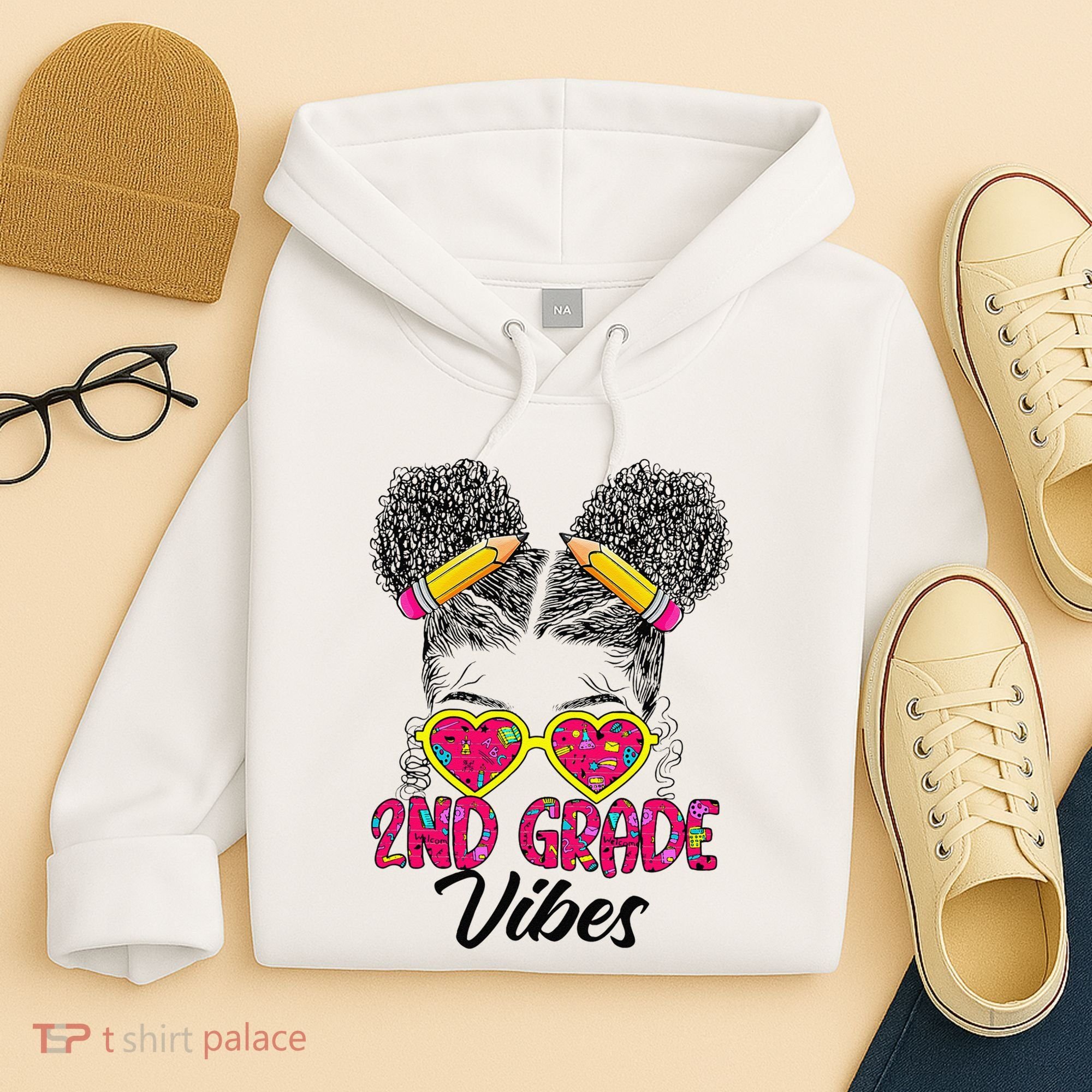 Second 2nd Grade Vibes Messy Bun Back To School Afro Hoodie